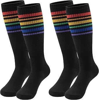 Girls Socks, 2 Pairs Girls Knee High Socks Rainbow Colorful Striped Thigh Highs Socks for Girls Kids Aged 1-16