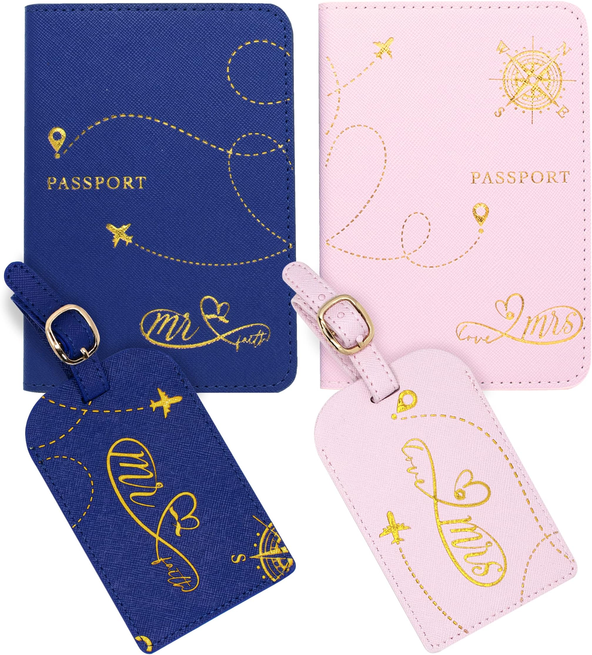 Matching Leather Mr and Mrs Passport Holder Set - Blue & Pink with Luggage Tags, for Wedding Gift, Bridal Shower, Engagement, Anniversary, Gift for Couples