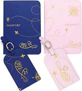 Decorably Matching Leather Mr and Mrs Passport Holder Set - Blue & Pink with Luggage Tags
