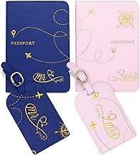 Decorably Matching Leather Mr and Mrs Passport Holder Set - Blue & Pink with Luggage Tags, for Wedding Gift, Bridal Shower, Engagement, Anniversary, Gift for Couples