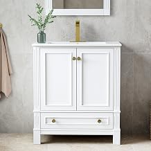 WELLFOR 30" Bathroom Vanity with Sink, Solid Wood and Plywood Cabinet, Freestanding Single Sink Bathroom Cabinet, Soft-Close Doors and Drawer, White Vanity with Ceramic Basin