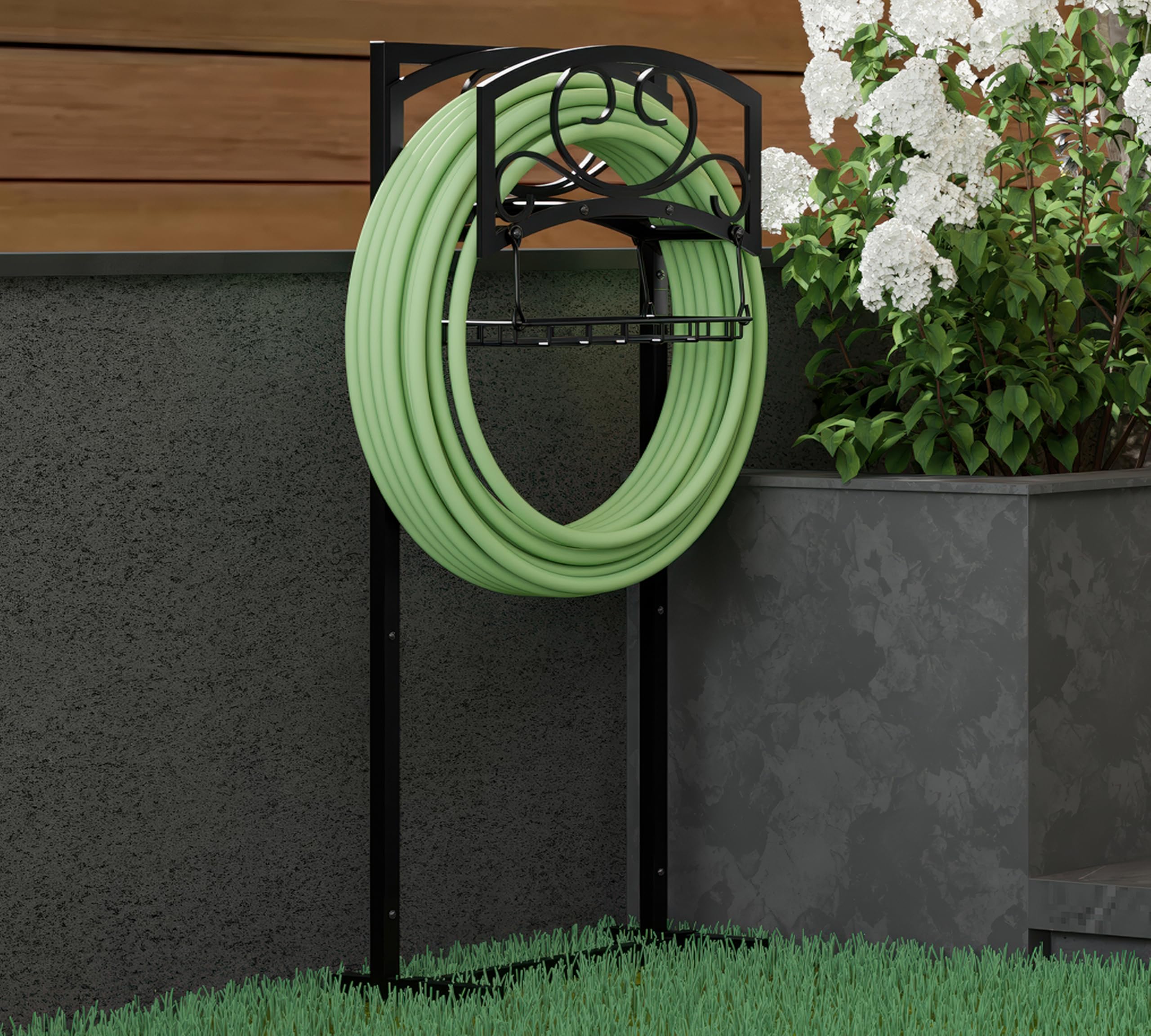 Kingson Support de tuyau d'arrosage autonome avec panier de rangement - Acier robuste, revêtement noir, contient un tuyau de 45 m, design amovible et portable