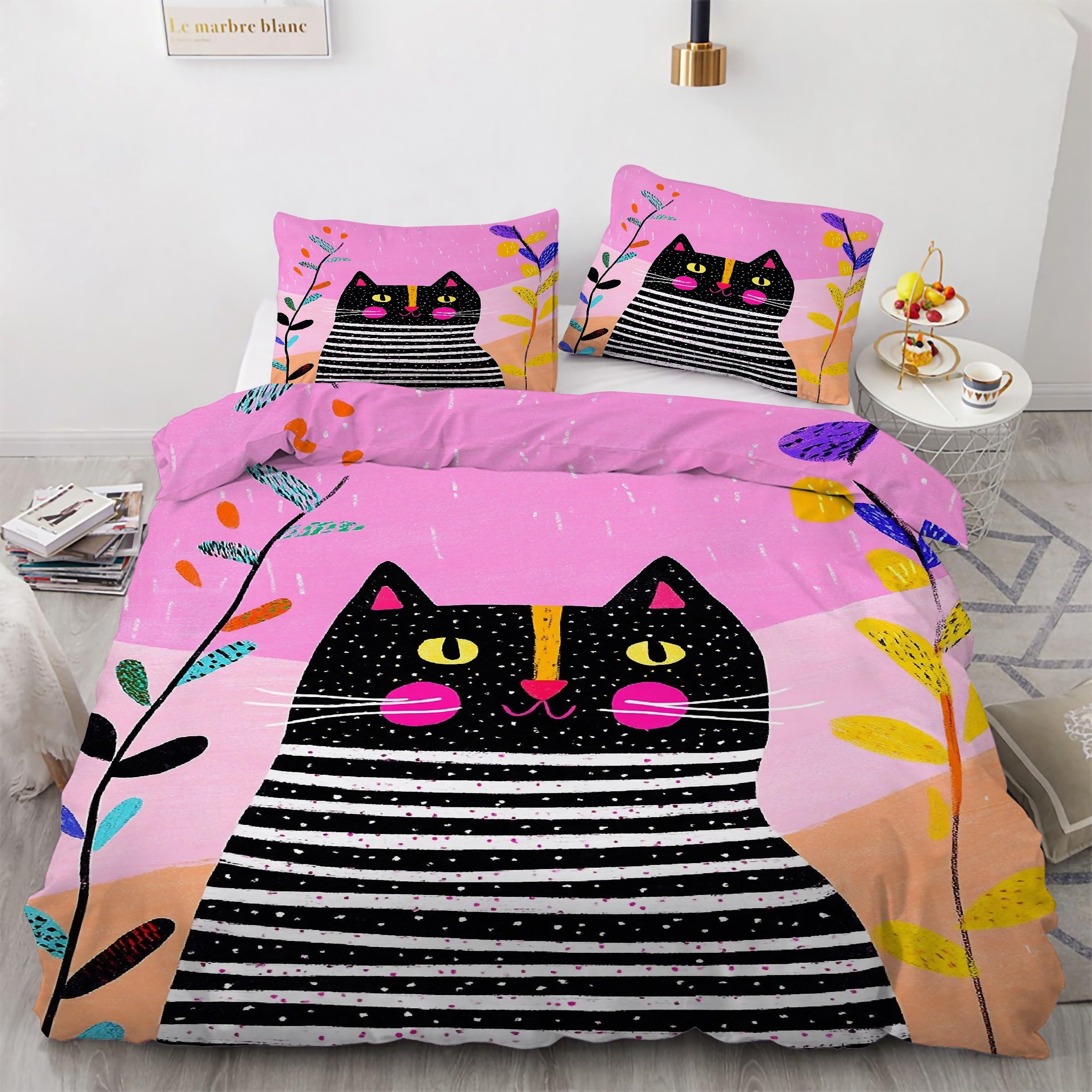 Parure de couette 240x260 chat imprimé avec taies d'oreiller zippées