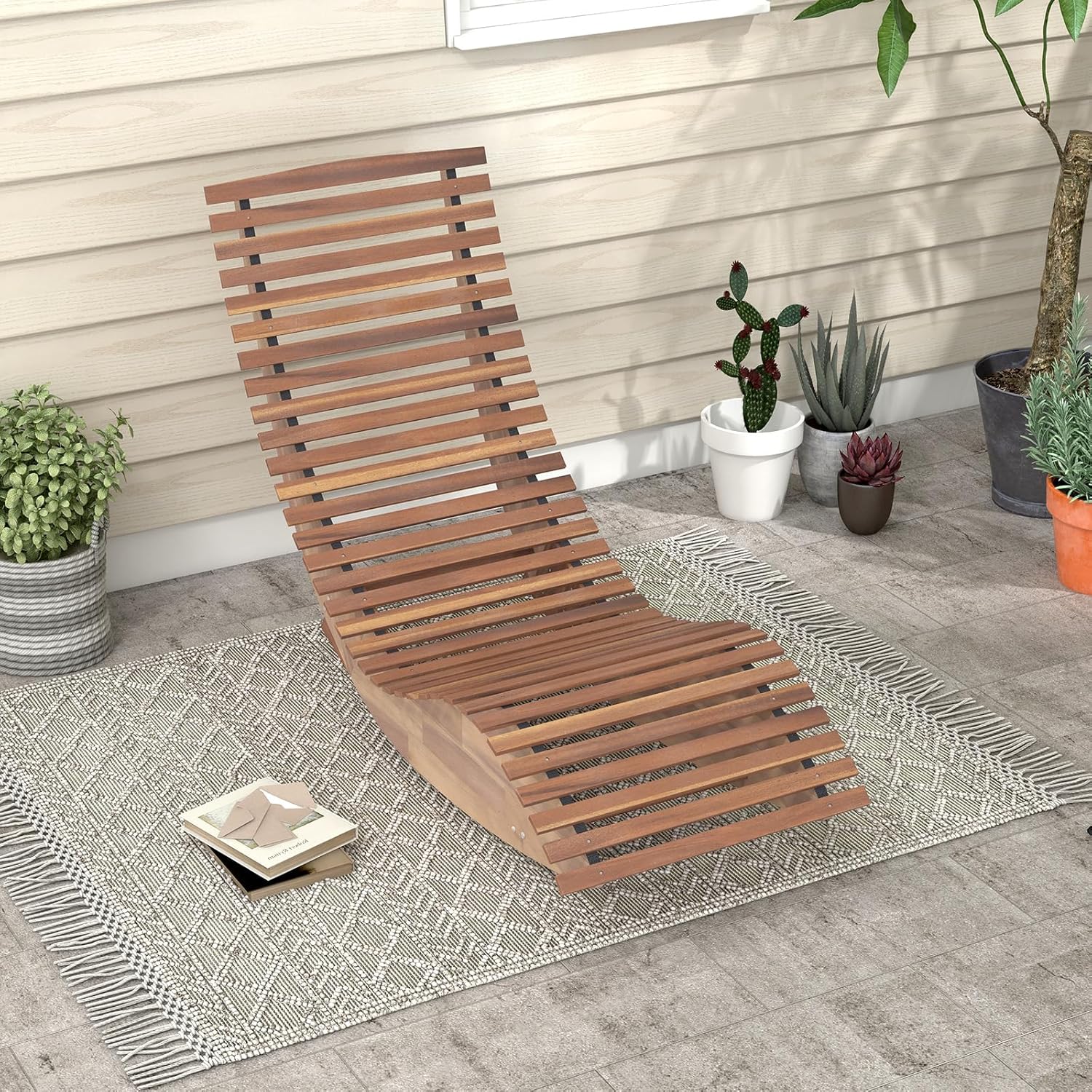 Tangkula Outdoor Acacia Wood Rocking Chair, Porch Rocker with Widened Slatted Seat and High Back, Wooden Rocking Patio Chair, Outdoor Rocking Sun Lounger for Backyard, Garden
