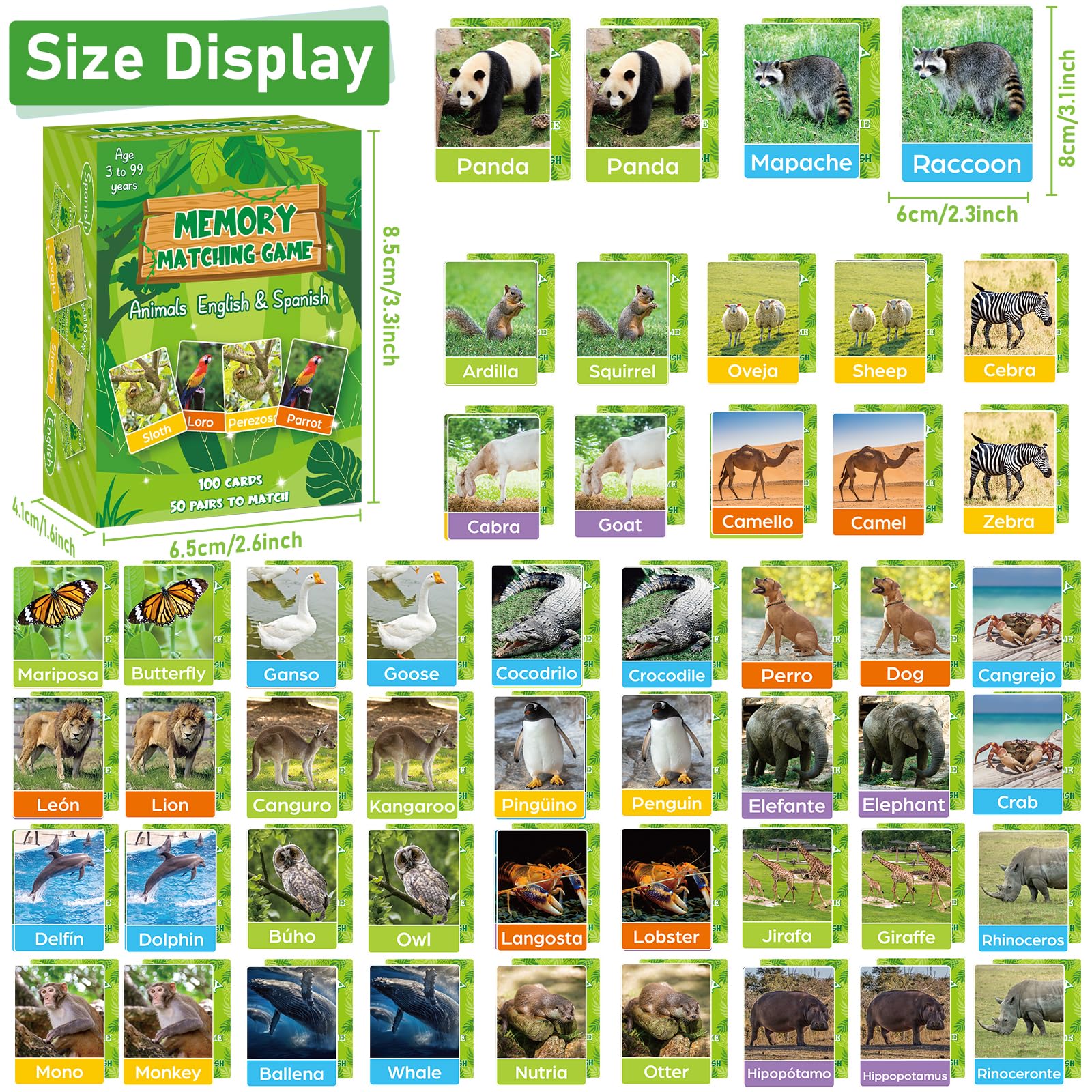 gisgfim 50 Pairs Memory Matching Game Spanish English Bilingual Animal Concentration Memory Card Educational Game for Kids Adults A Fun & Fast Games Toddlers Preschool Family Board Gift Matching Games