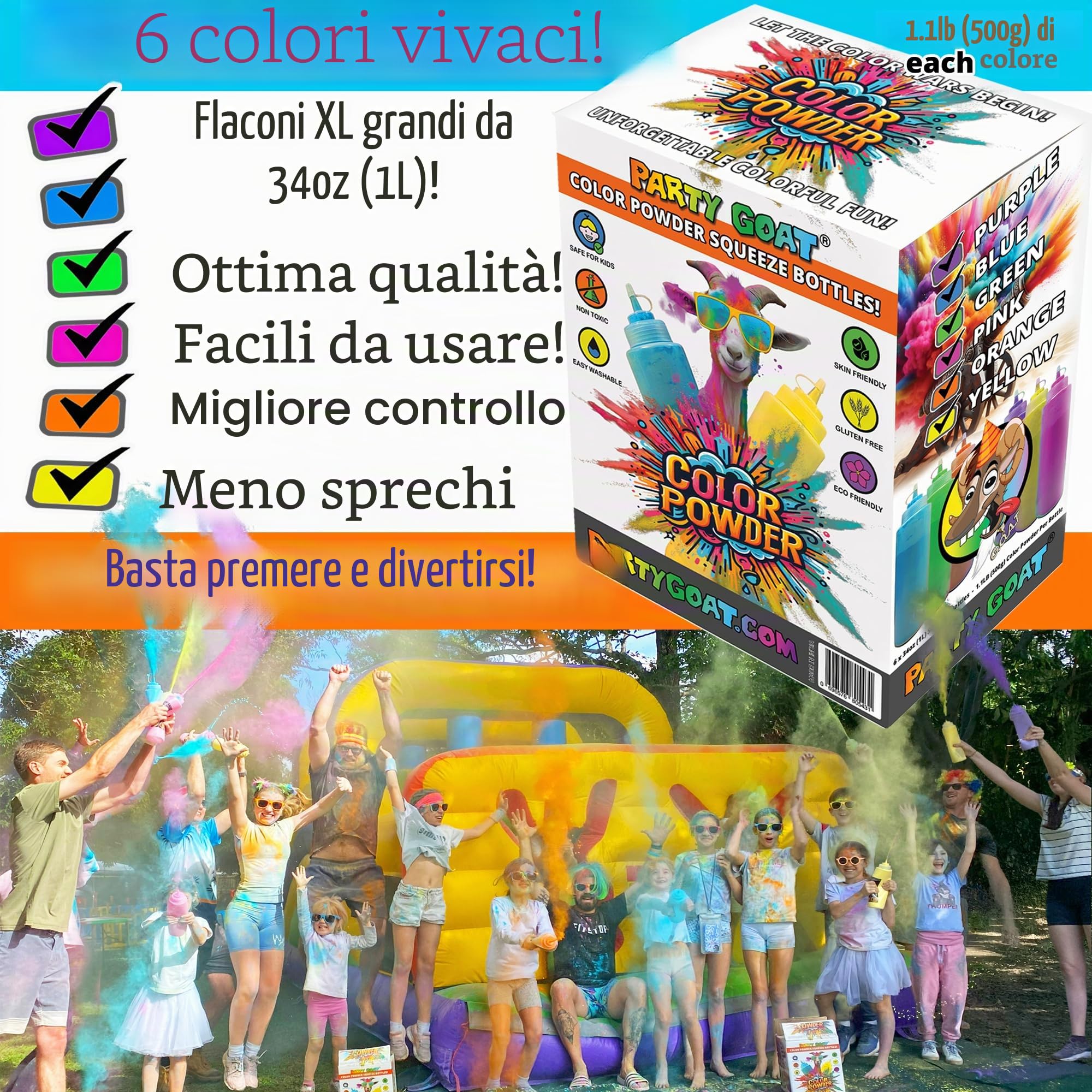 PARTY GOAT Color Run - Bottiglie di polvere da spremere, extra large, 963,9 g, polvere di Holi per guerre colorate, feste e campi estivi, 0,5 kg ciascuna, confezione da 6