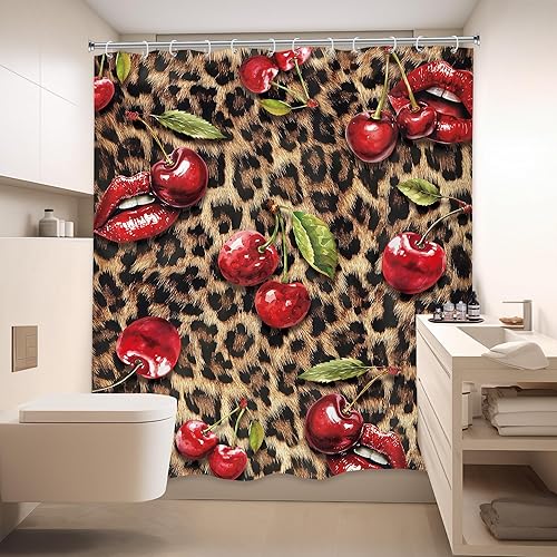 Miniatura 4 de LIGHTINHOME Cortina de ducha con estampado de leopardo, 72 pulgadas de ancho x 72 pulgadas de alto, diseño retro rojo de cerezo, negro y marrón,