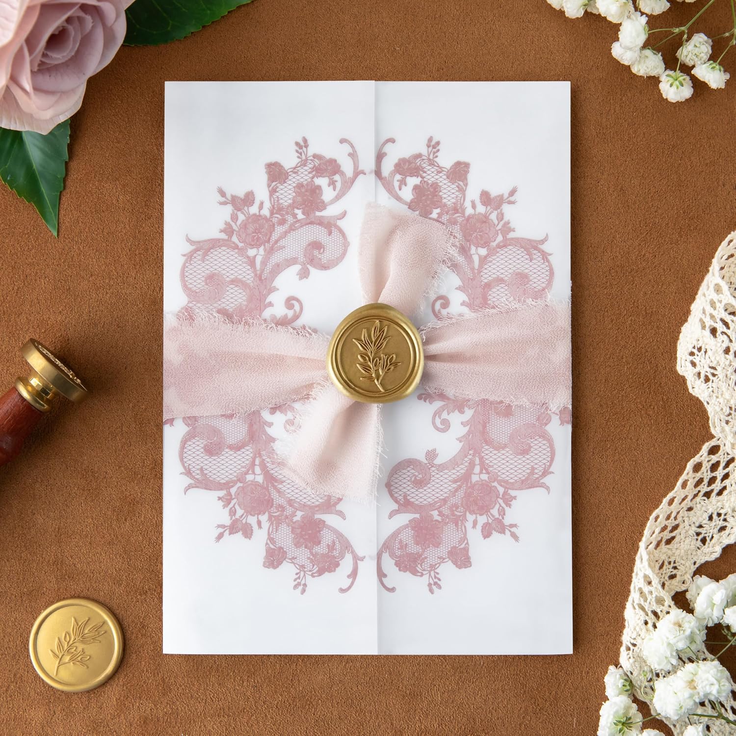 ponatia 50PCS Dusty Rose Wedding Vellum Jackets for 5x7 Invitation Cards- 135GSM Lace Vellum Paper Wedding Invitation Sleeves Kit Envelope for Bridal Engagement Christmas Baby Shower