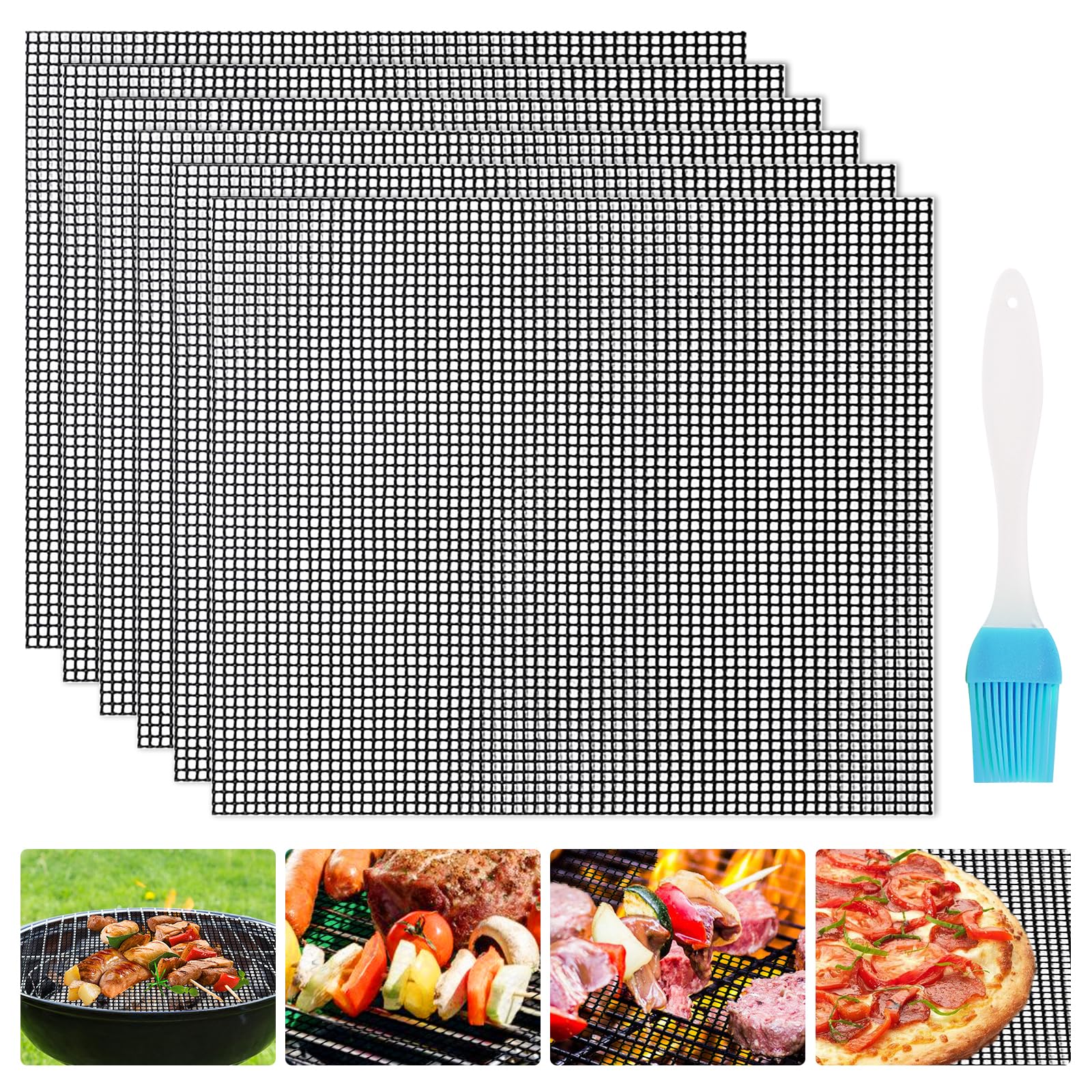 6 piezas parrilla barbacoa 40 x 33 cm alfombra de cocina antiadherente, malla de barbacoa reutilizable, cepillo de aceite para parrilla de carne y verduras