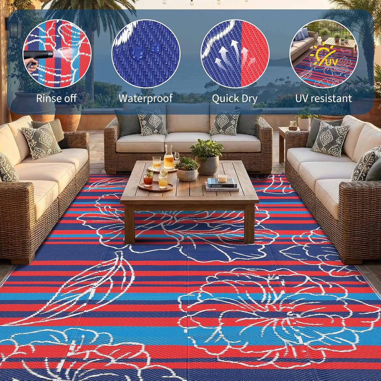 Garvee 5x8 Outdoor Waterproof Rug, Floral Outdoor Area Rug，Reversible Plastic Straw Patio Rug, Portable Camping Mat for RV, Picnic, Beach, Balcony, Garden & Camping Red&Navy