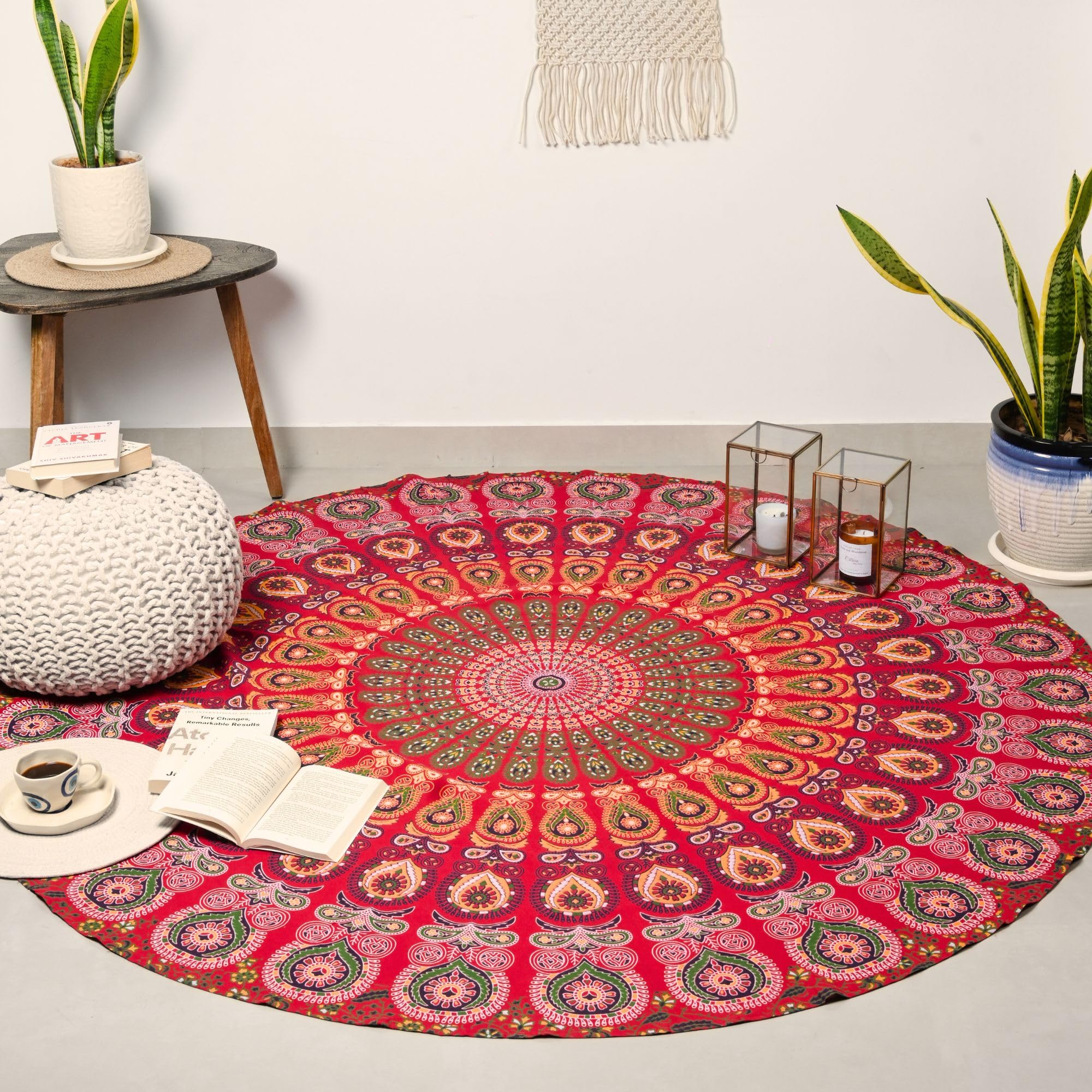 RAJRANG Round Mandala Tapestry Peacock Design Golden Red Cotton Wall Hanging for Bedroom, Beach, Picnic, Meditation 72 Inch
