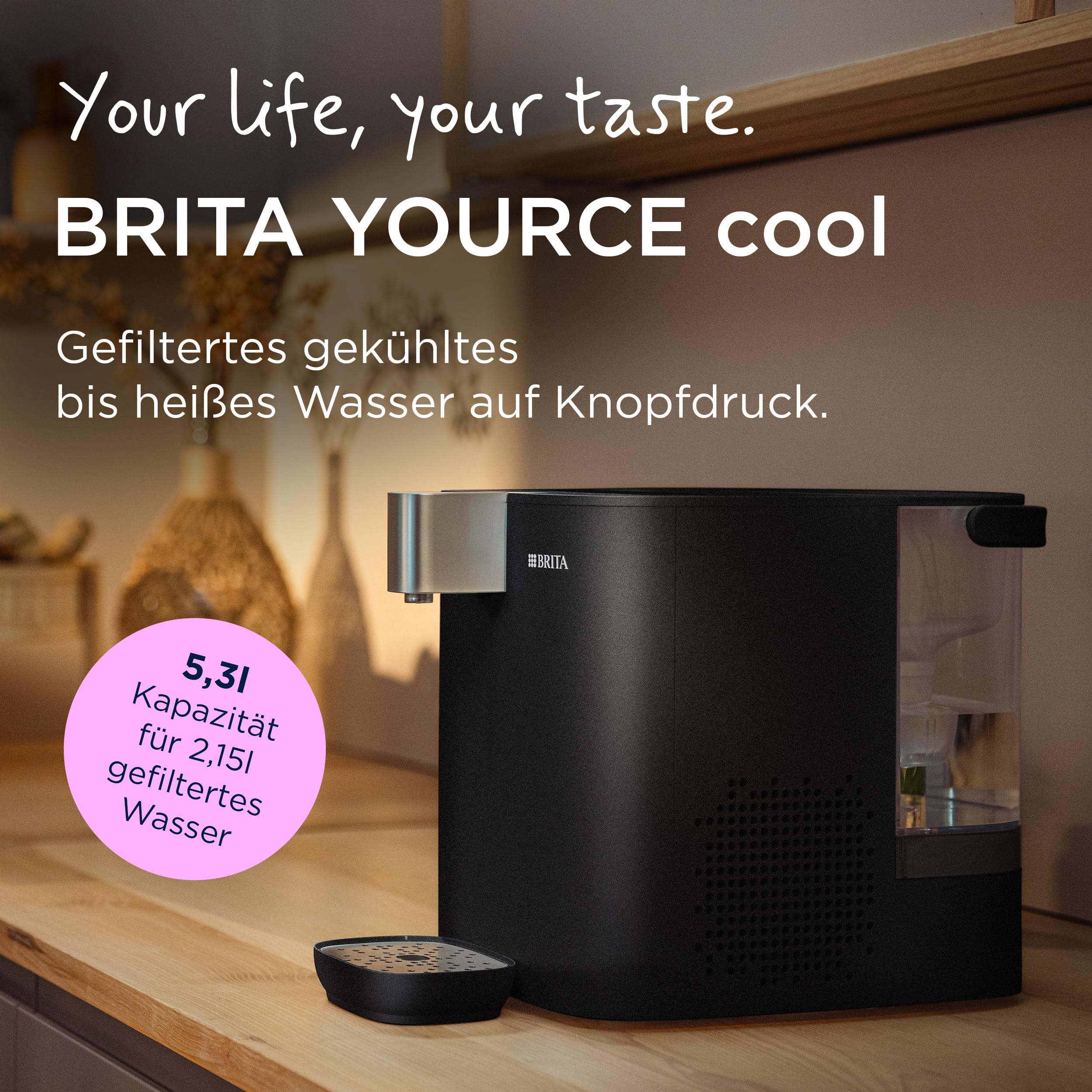 BRITA YOURCE Cool Wasserspender für zuhause (5,3l) – Heißwasserspender inkl. Wasser-Kühler und dreifacher UV‑C‑Technologie für bakterienfreies Wasser, MAXTRA PRO Wasserfilter, Temperatureinstellung