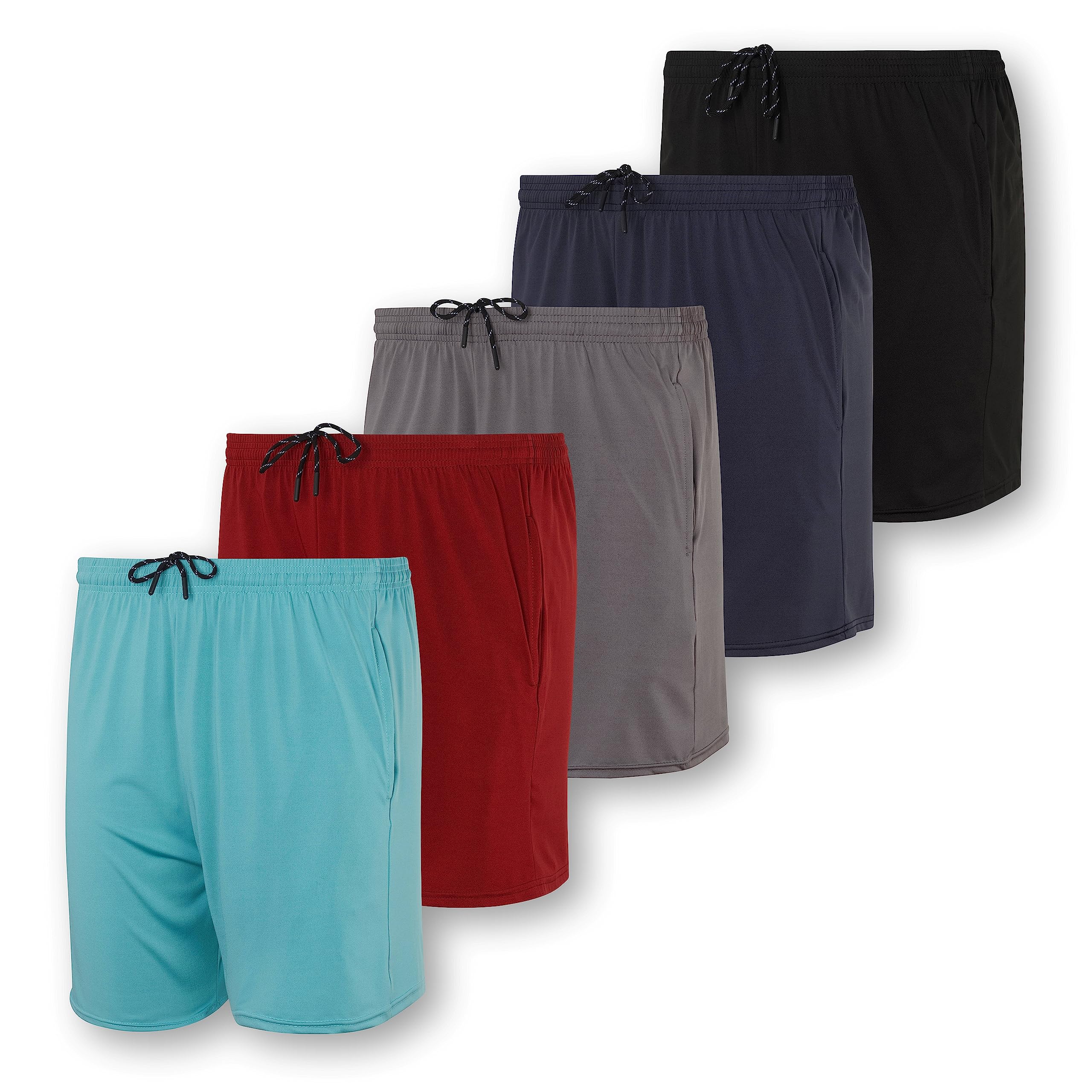 Real Essentials5 Pack: Men's 5" Inseam Dry-Fit Running Workout Shorts - Pockets & Drawstring (Available in Big & Tall)