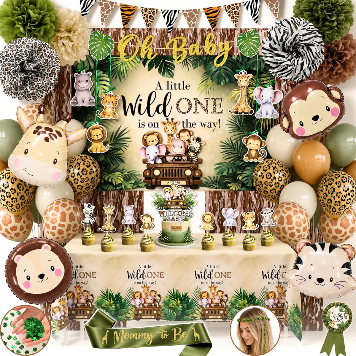 272 Pc Safari Baby Shower Decorations, Jungle Animal Party Set | Safari and woodland baby shower decorations; jungle and forest animal styles with backdrop, balloons, banner, sash