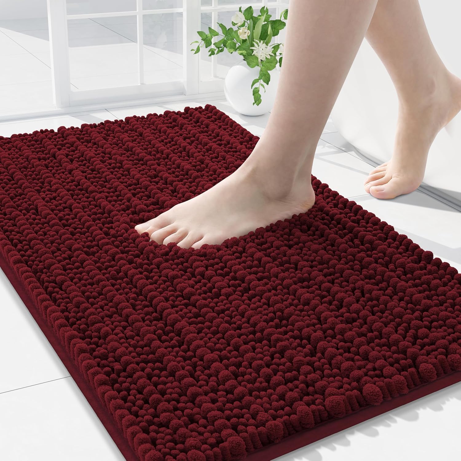 arotive luxury chenille bathroom rug mat, extra soft thick absorbent shaggy bath rugs, non-slip machine wash dry, plush bath mats for bathroom, shower and tub, 30x20, burgundy burgundy rectangular 30" x 20"