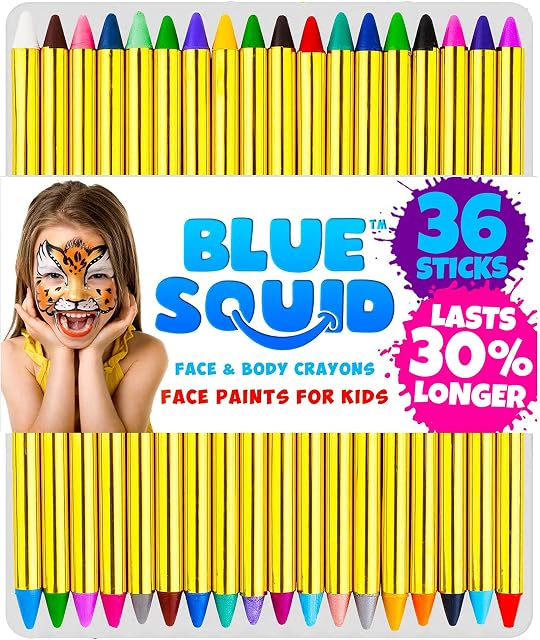 Blue Squid Face Paint Crayons for Kids, 36 Jumbo 83mm Face & Body Painting Makeup Crayons, Safe Face Paint Fun, 8 Metallic & 28 Classic Colors, Great for Birthday Party & Halloween Makeup