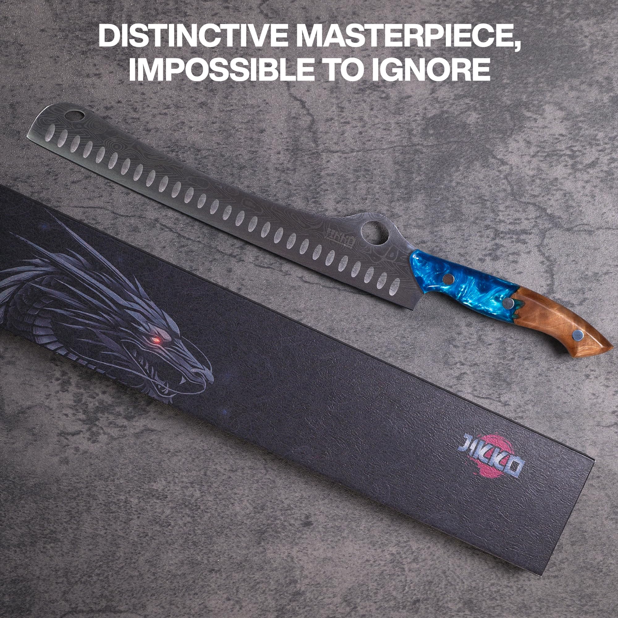 Jikko® SteelFang Edition – Japanese Brisket Knife 12" with Olive Wood & Blue Epoxy Handle | Premium Butcher & Carving Knife for Meat, BBQ, and Brisket Slicing – Ultra Sharp Stainless Steel Blade — Amazon image 4