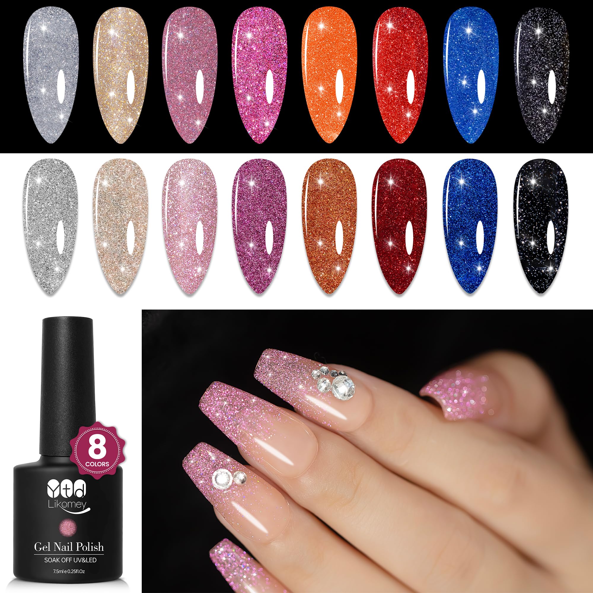 YTD Likomey Reflective Glitter Gel Nail Polish Set,Fall Winter Falsh 8 Colors Holographic Diamond Sparkly Black Silver Gold Blue Red Pink Plum Orange
