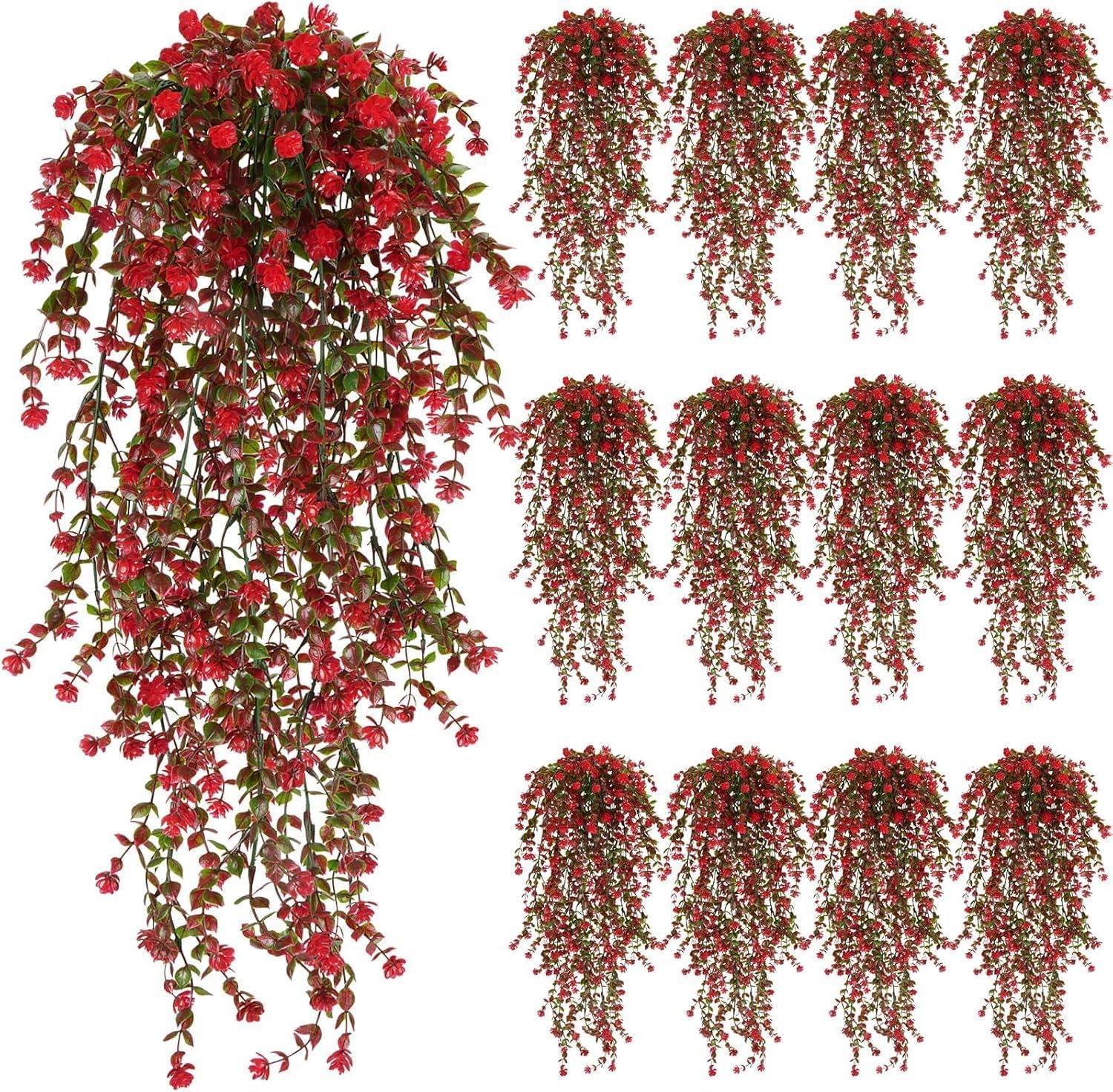12Pcs Artificial Hanging Flowers Plastic Hanging Plants wth Red Fake Flower