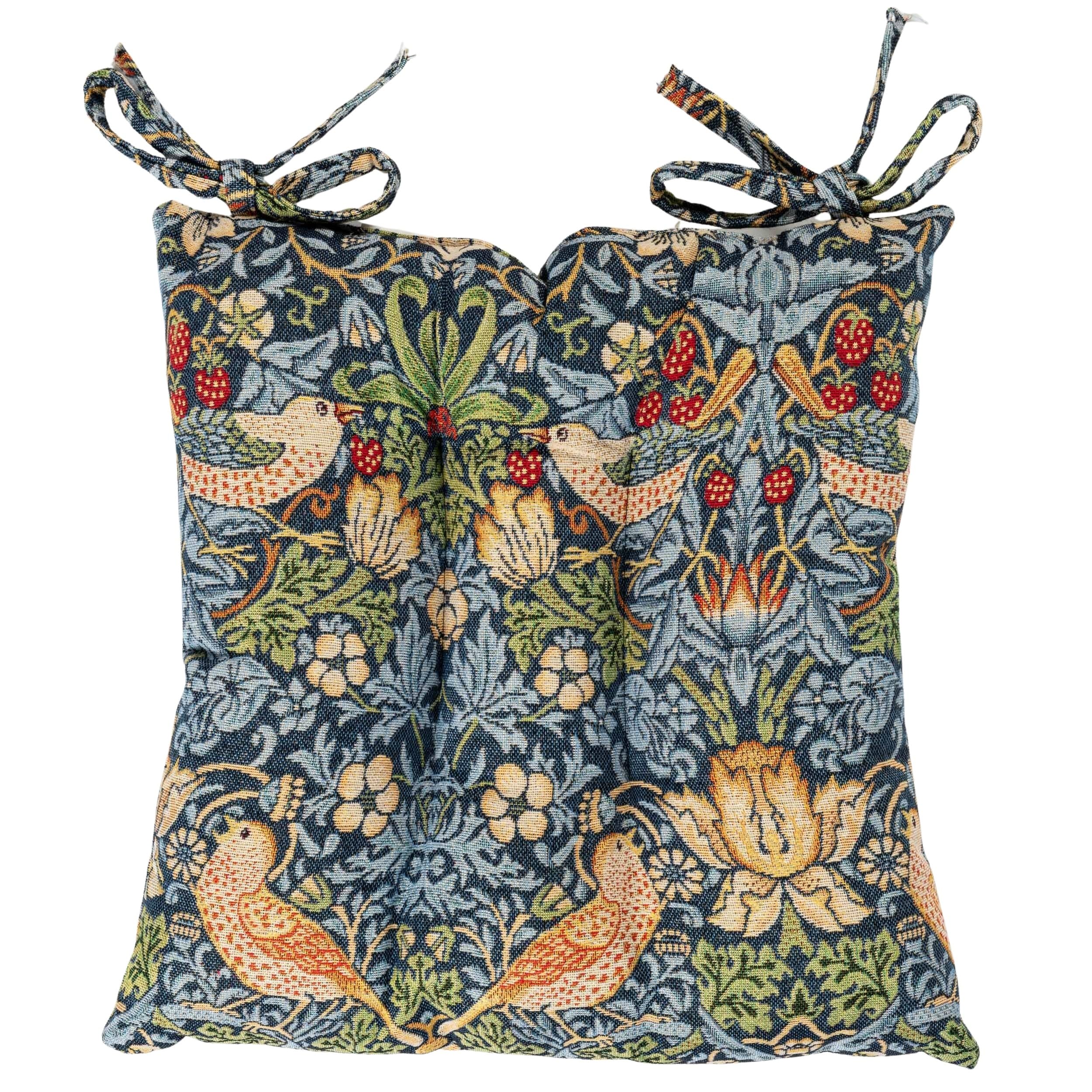 Linen Loft Blue William Morris Strawberry Thief Tapestry Quilted Fibre Seat Pad In Marine Rustic Style, Dining Chair Pad With Ties. Deep-Filled & Supersoft. 16X16 X 3