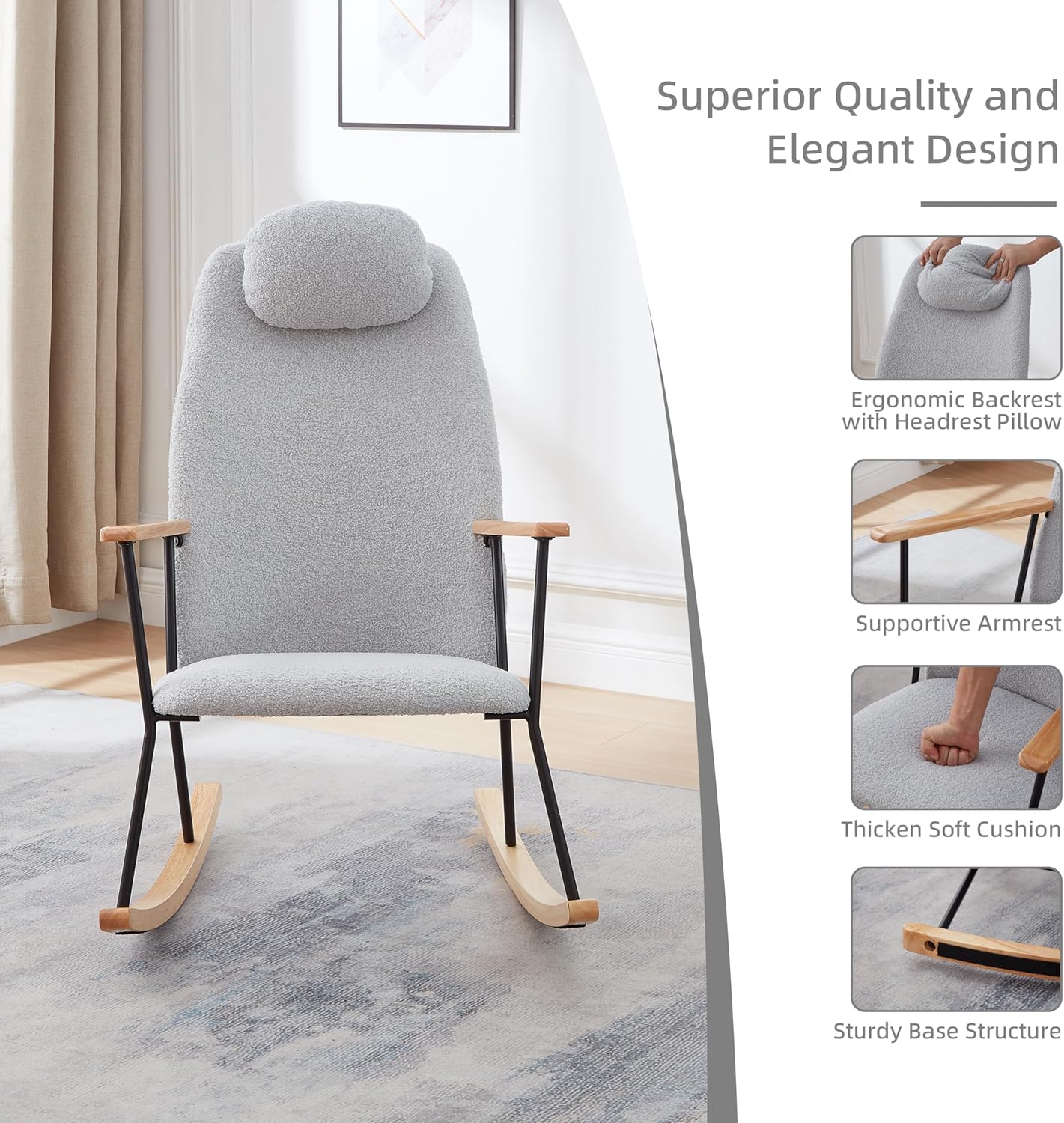 Nursery Rocking Chair Indoor, Small Rocking Chairs for Small Spaces, Upholstered Rocker Chair with High Back& Headrest Pillow, Comfy Rocking Chair for Bedroom, Living Room, Patio& Porch (Light Grey)