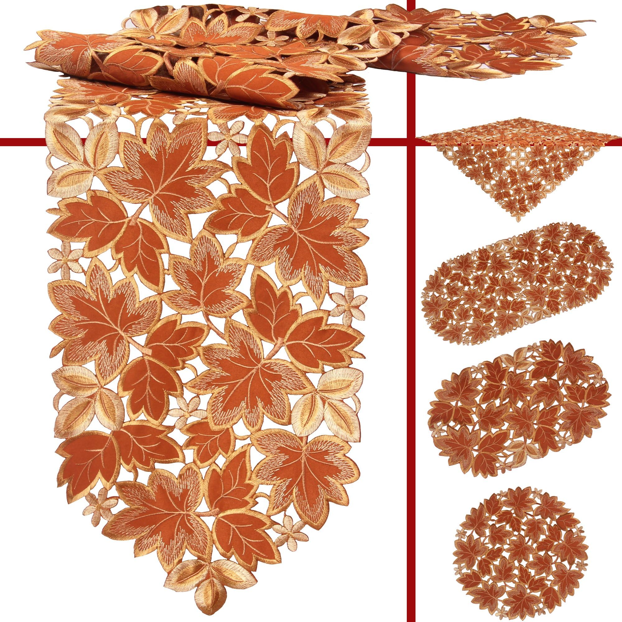 Quinnyshop Fall, Harvest, Autumn Leaves Embroidery Doily 8-inch/ 20 cm Round Polyester, Terracotta