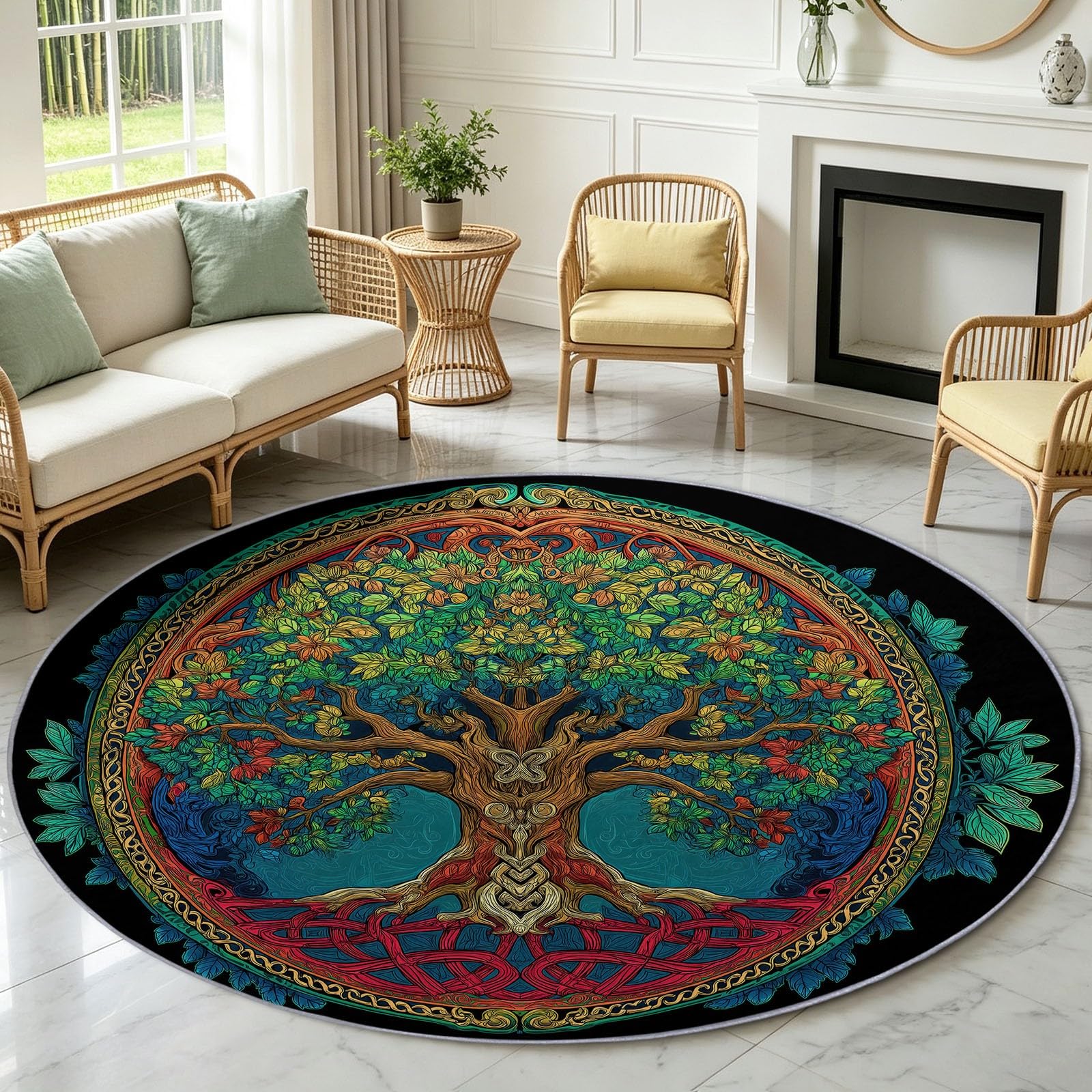 Tappeto rotondo lavabile, 90 cm, con piante vintage, morbido, stampato, a pelo corto, antiscivolo, per ingresso, soggiorno, camera da letto, accanto al divano e all'ufficio, colore: nero