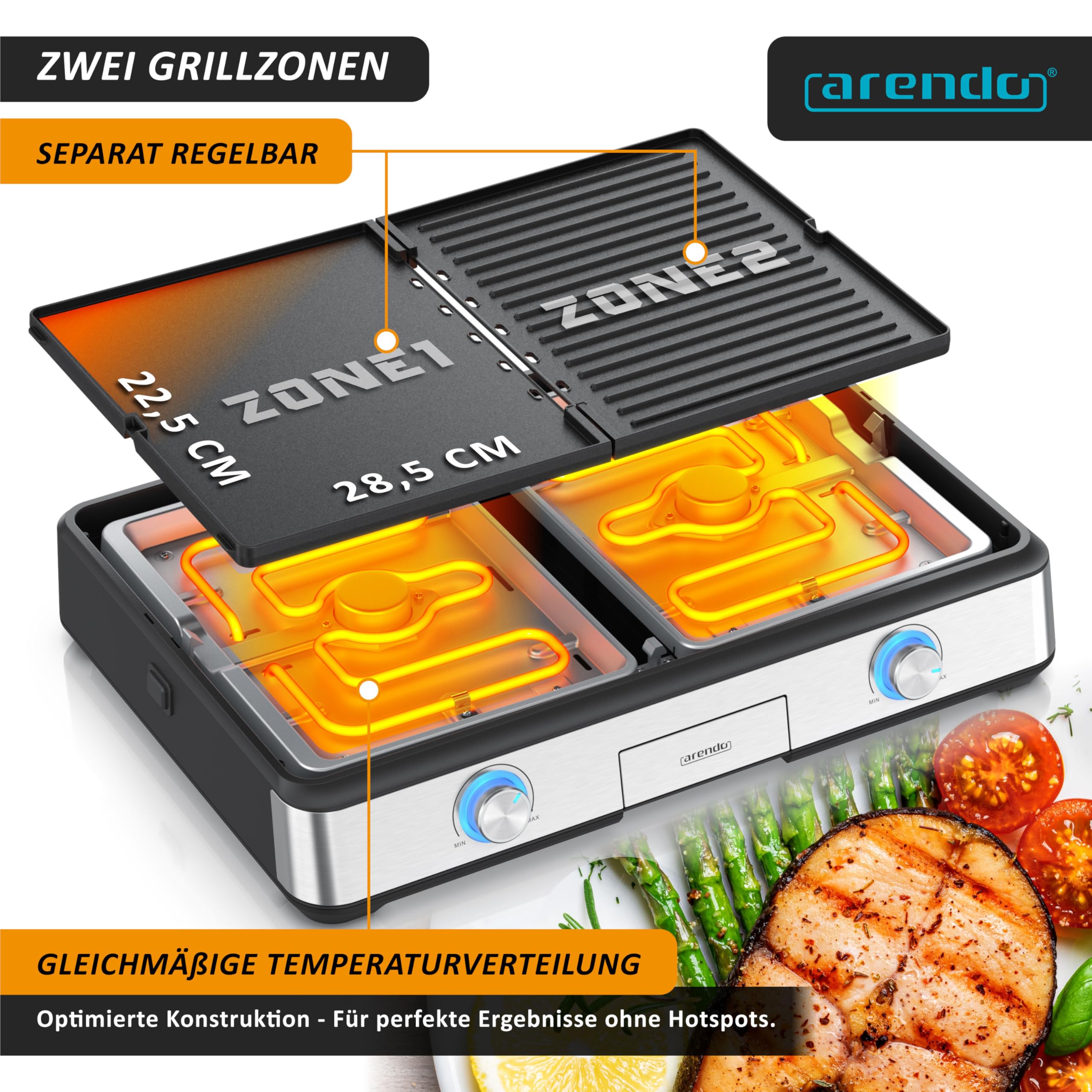 Arendo - Tischgrill elektrisch mit 2 Grillzonen - Electric grill 2 Thermostate - Elektrogrill Edelstahl – 2800W Leistung – Antihaft-Beschichtung –Spritzschutz – Für Balkon Küche Terrasse Garten
