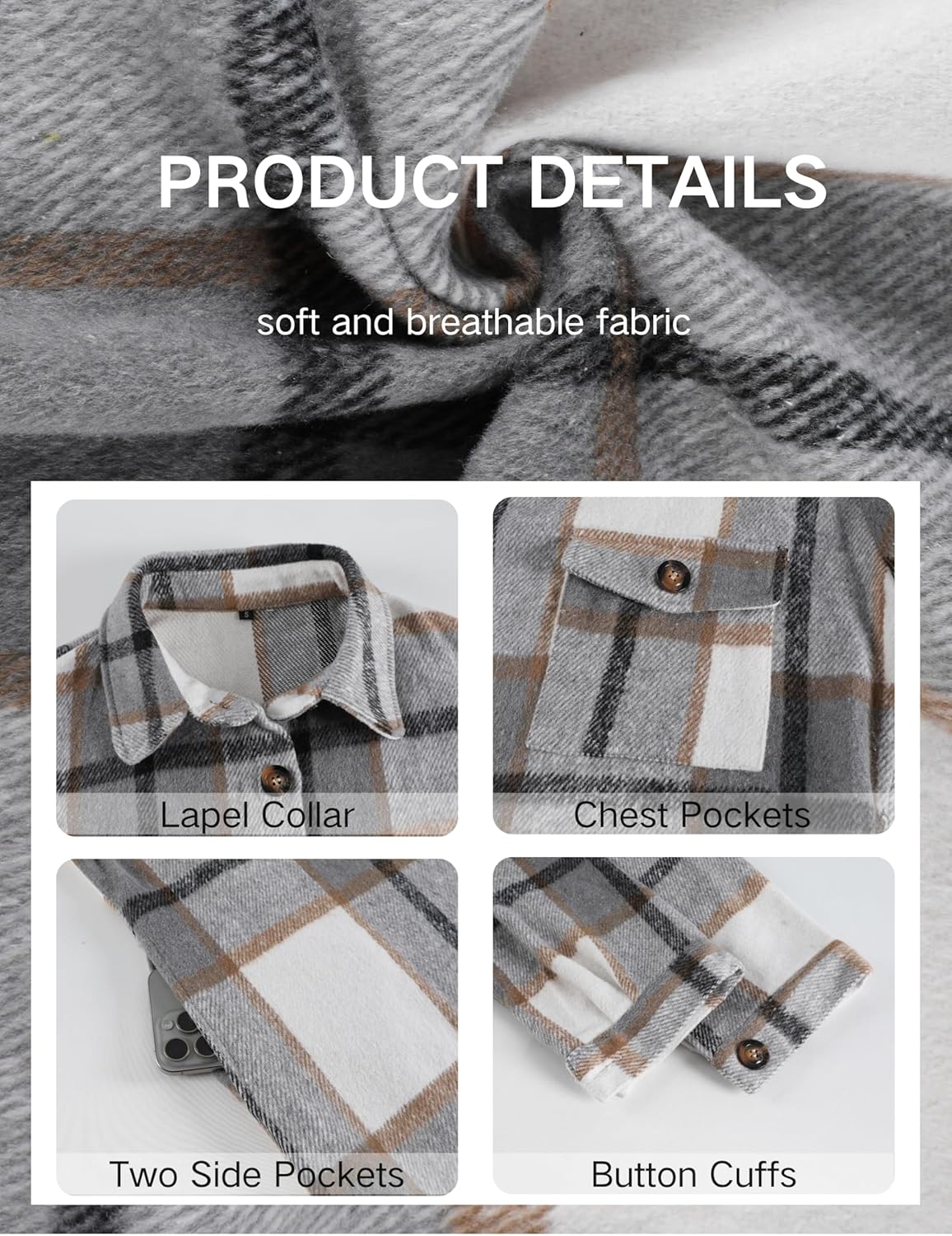 PUWEI Women's Long Flannel Plaid Jacket Shacket Cozy Lapel Button Down Shirt Jacket Fuzzy Trench Coat - Image 5