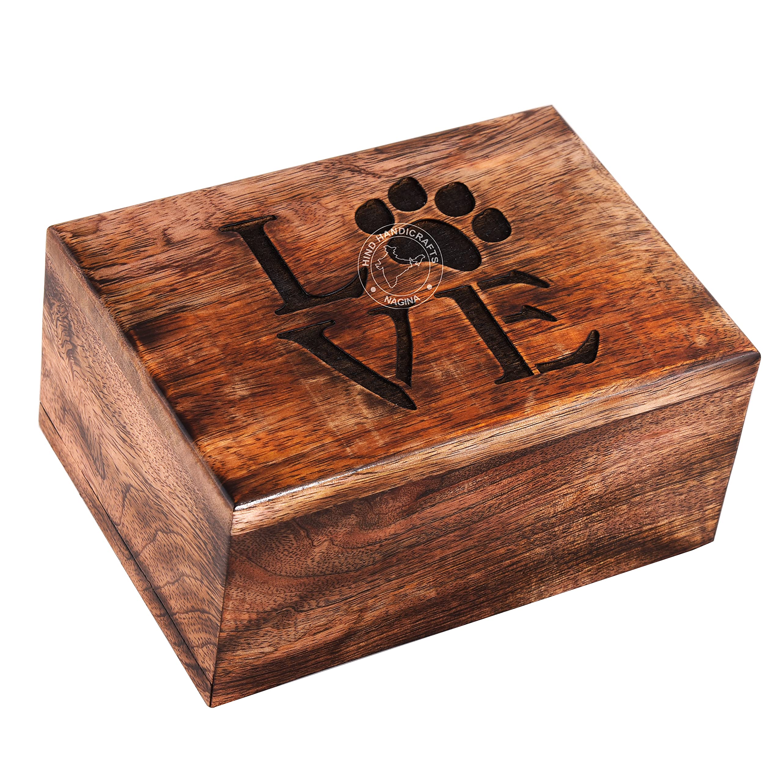 Hind Handicrafts Antique Paw Engraved Mangowood Pet Urn for Dogs Cats Memorial Keepsake Urns for Ashes, Photo Wooden Box Cremation Urn (100 Cubic in, Love Paw)