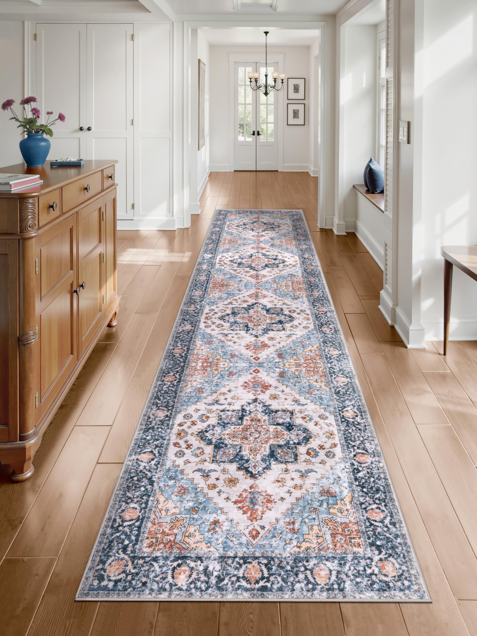 Photo 1 of SERISSA Runner Rug for Hallways, 2'6"x12' Washable Non Slip Kitchen Runner Rug, Extra Long Boho Rug Ultra Soft Vintage Blue Orange Floor Carpet for Bedroom Hallway Entryway Bathroom Laundry Room