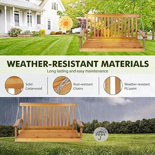 Miniatura 2 de Columpio de madera para porche al aire libre de 4 pies, columpio de banco de porche, columpio resistente de 440 libras, columpio colgante de playa