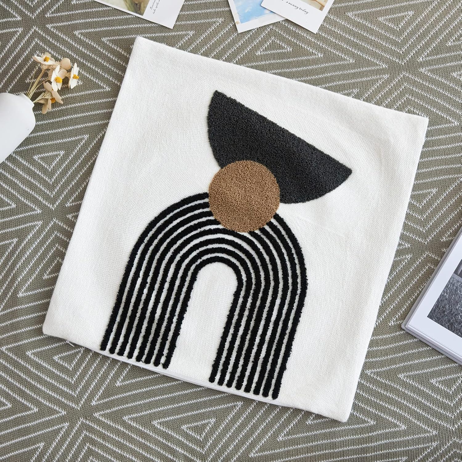 Boho Geo Accent Throw Pillow Covers Tribe Modern Round Arched Geometric Decorative Abstract Pillowcase for Bed Couch Living Room,1 Set of 18x18,Brown and Black