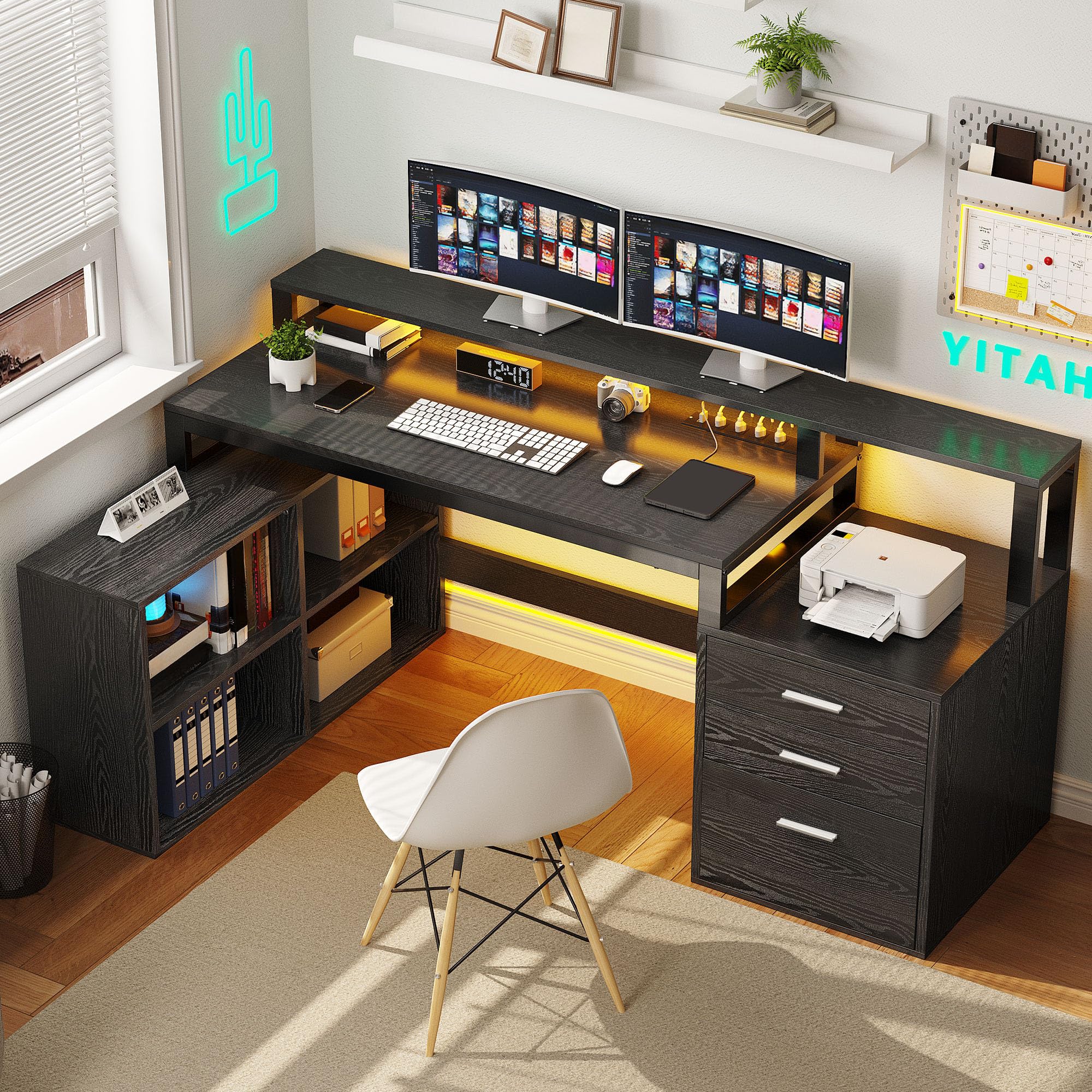 Photo 1 of **SOLD AS IS NO REFUND/RETURN** SEE COMMENTS!~
YITAHOME L Shaped Desk with 3 Drawers, 65" Corner Computer Desk with Power Outlets & LED Lights, L-Shaped Desk with File Cabinet & Printer Stand for Home Office, Black