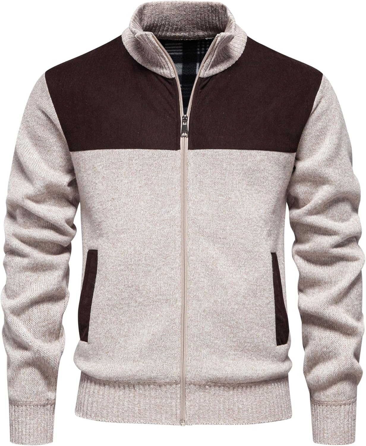 Mens Cardigan Sweater Full Zip Slim Fit Casual Sweaters for Men, Mock Neck Long Sleeve Knitted Sweater with Pockets - Image 2