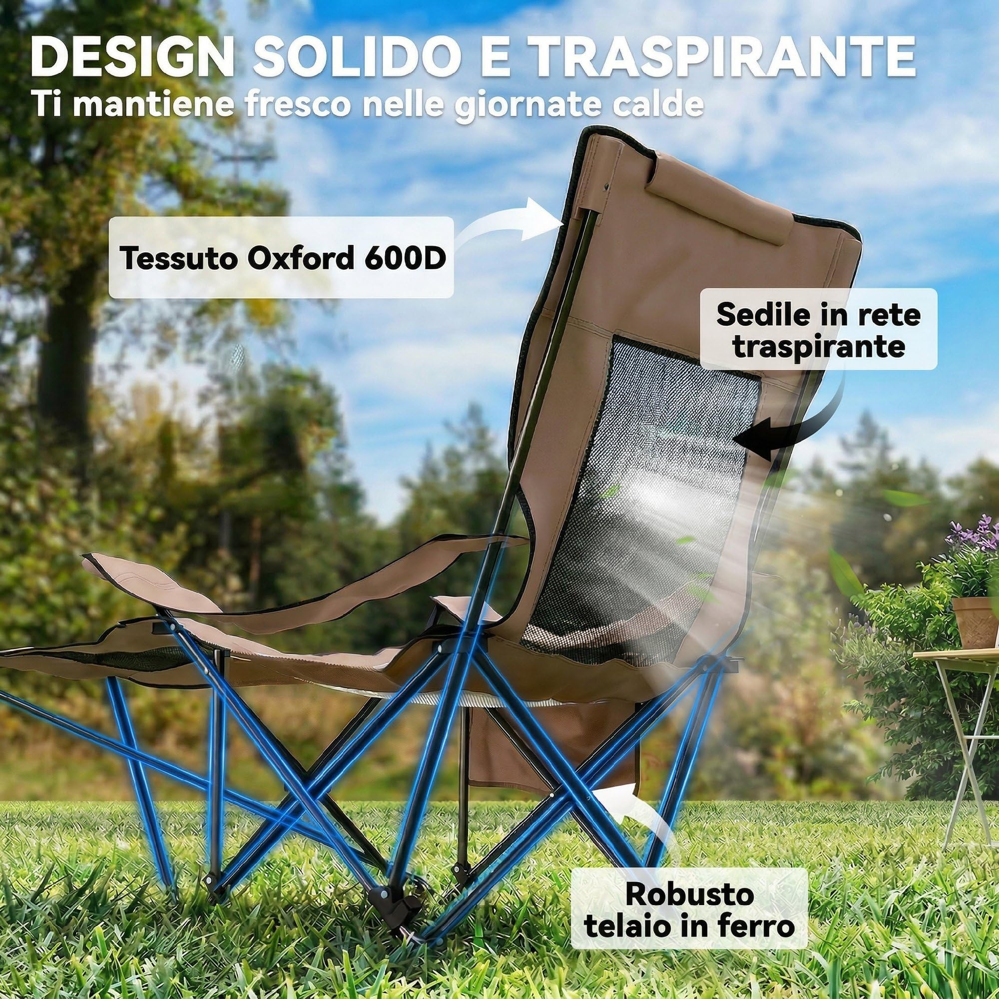 Outsunny Set 2 Sedie da Campeggio Pieghevoli con Poggiapiedi Staccabile, Portabicchieri e Tasca Laterale, Sedie da Giardino in Tessuto Oxford e Metallo, 165x80x90 cm, Marrone e Nero