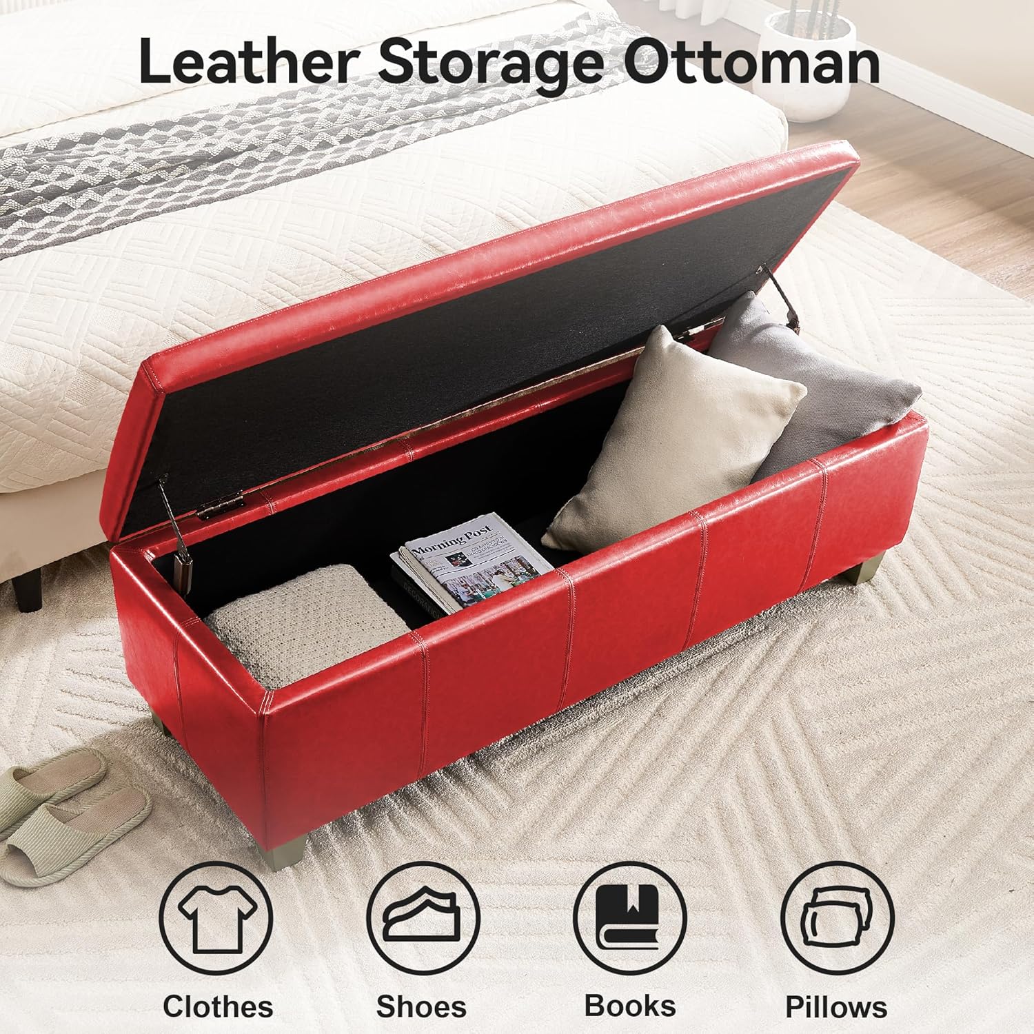 41" Faux Leather Storage Ottoman, Stitch Tufted Rectangle Upholstered End of Bed Storage Bench, Entryway Large Couch Ottoman with Wooden Legs,Red - Image 3