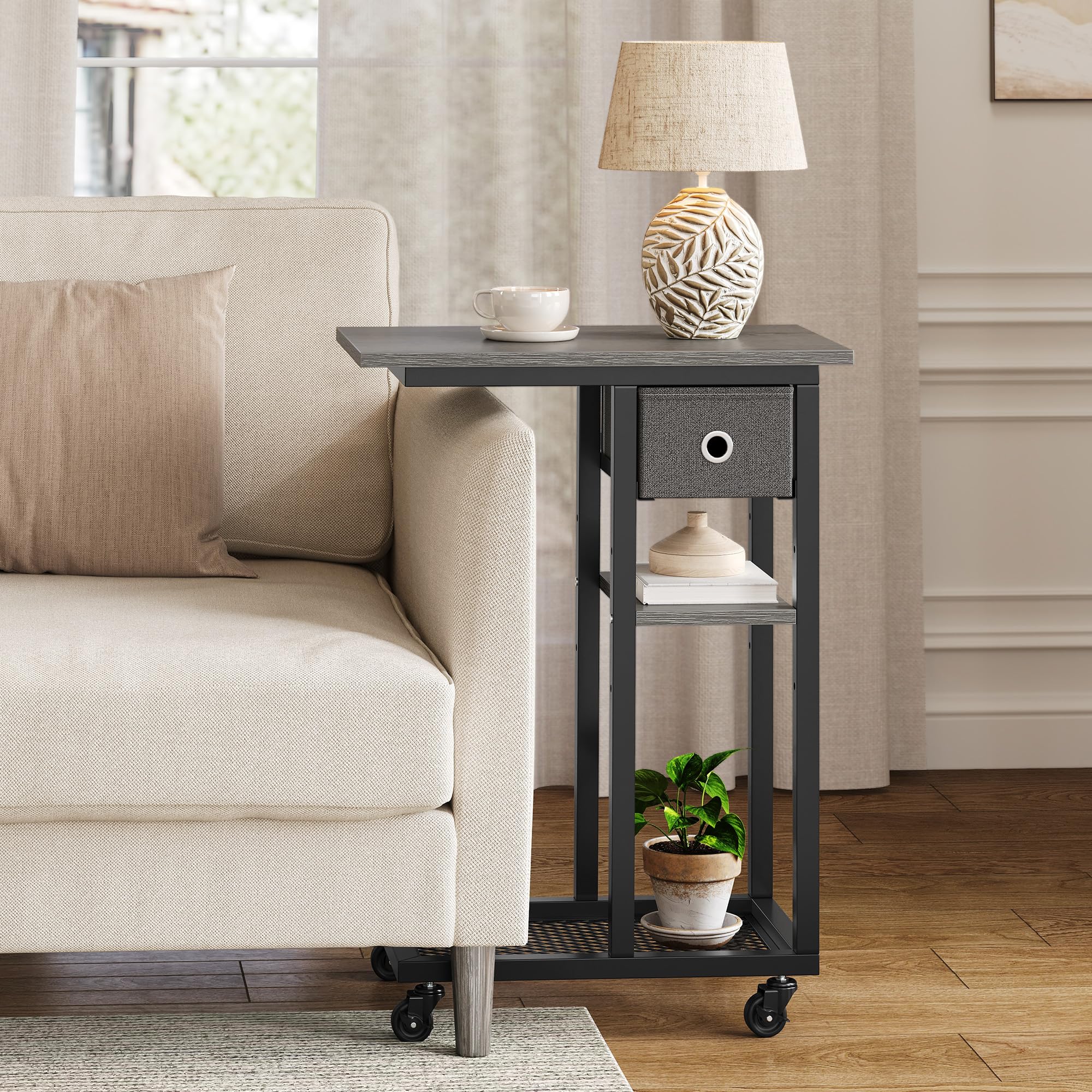 YITAHOME Mesa Auxiliar en Forma de C, Mesa Auxiliar para Sofá con Cacharro y Ruedas, Mesa de Café para Computadora Portátil,para Sala de Estar, Dormitorio，Gris