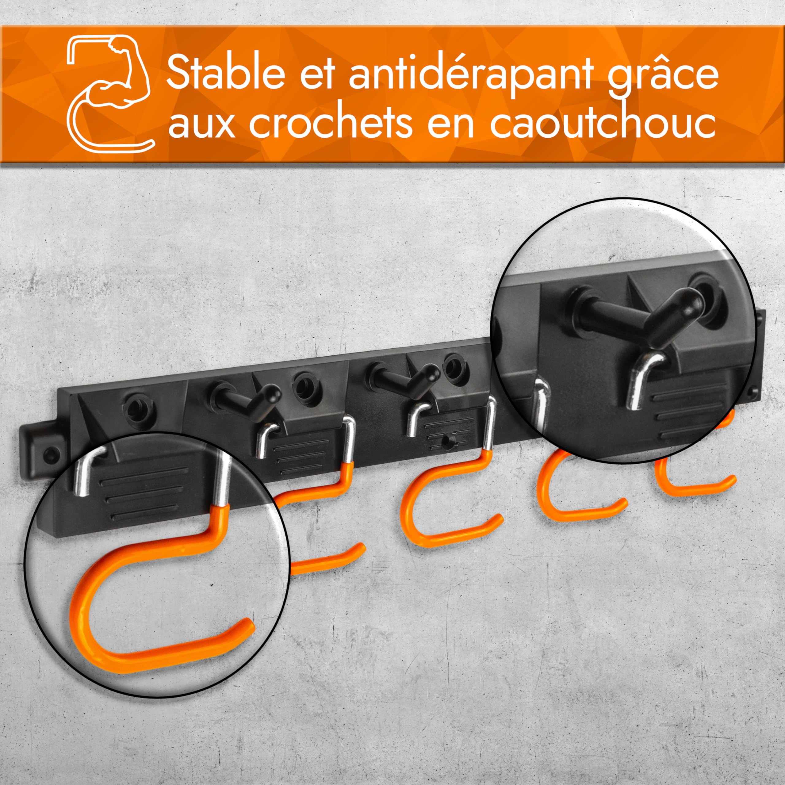 Porte-outils de jardin [2 x 40 cm] Organiseur d'outils avec crochets antidérapants – Support pour balais, crochets et autres outils de jardin (support mural)