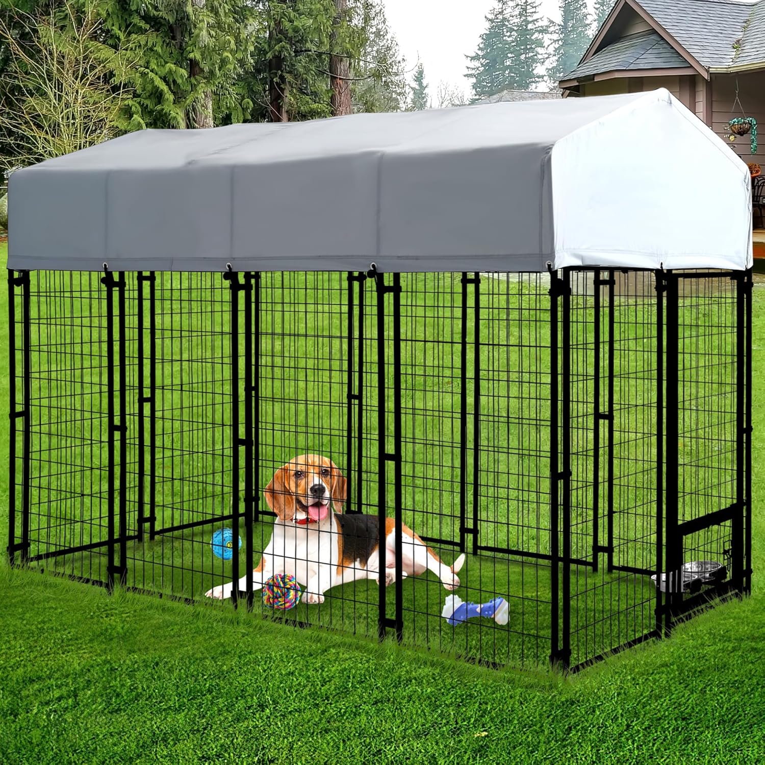 8x4x6 Ft Heavy Duty Large Dog Kennel Playpen Outdoor, Welded Wire Steel Dog Run Enclosure Cage with Rotaing Feeder Bowls UV-Resistant Roof Secure Lock, Outside Pet House for Chicken, Rabbit, Fox