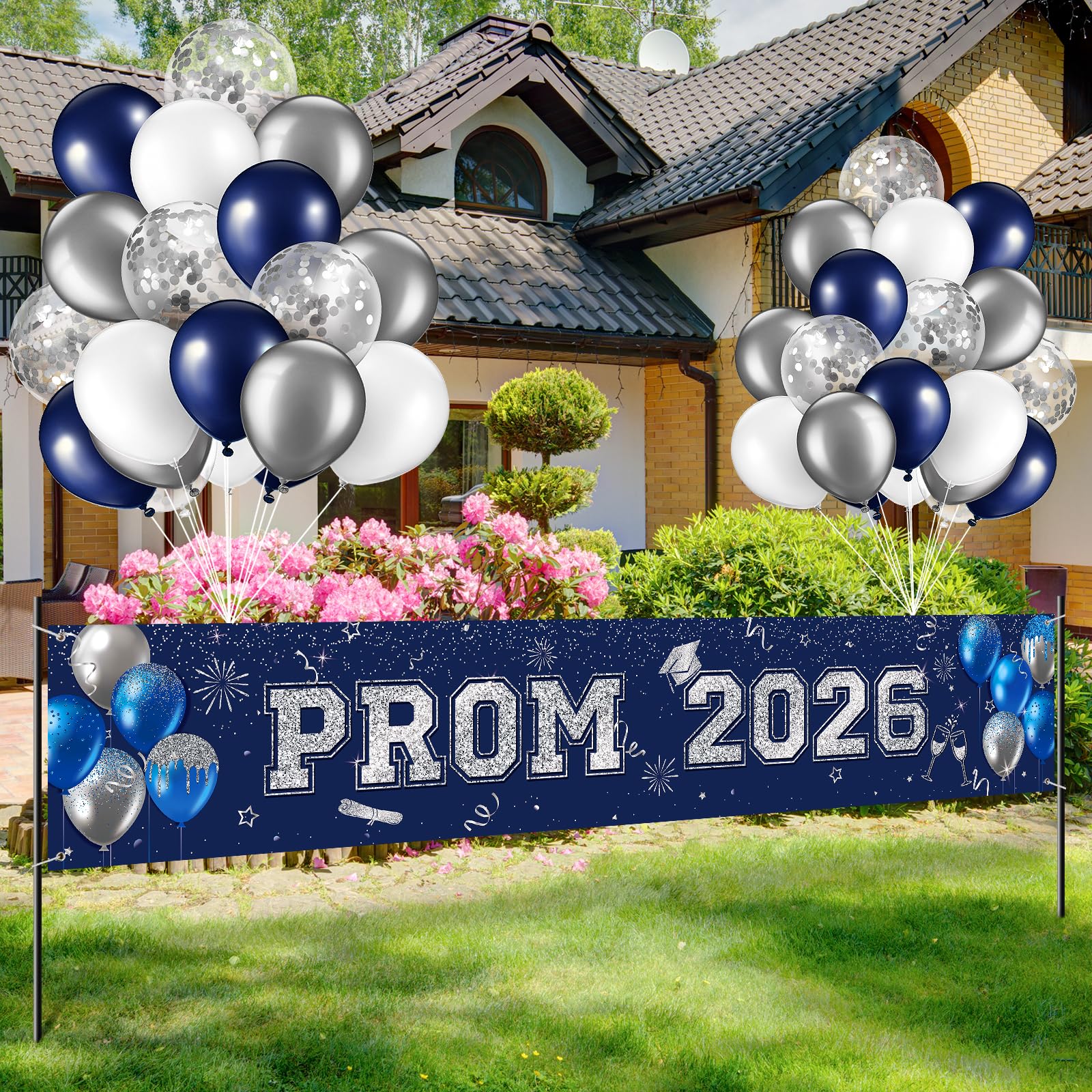 36 Pcs Graduation Prom Banner Decorations for Party 2026, Prom 2026 Congrats Grad Banner Yard Decorations, Blue and Silver Glitter Balloons Decor Set