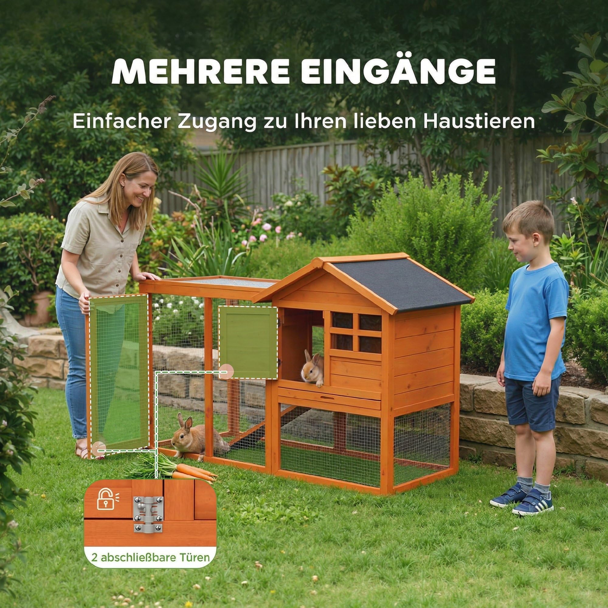PawHut Conejera de madera de 2 niveles, 123,5 x 62,6 x 92,5 cm, con tejado de betún impermeable, rampa, puerta, jaula para conejos, pollos, patos, exteriores, color naranja
