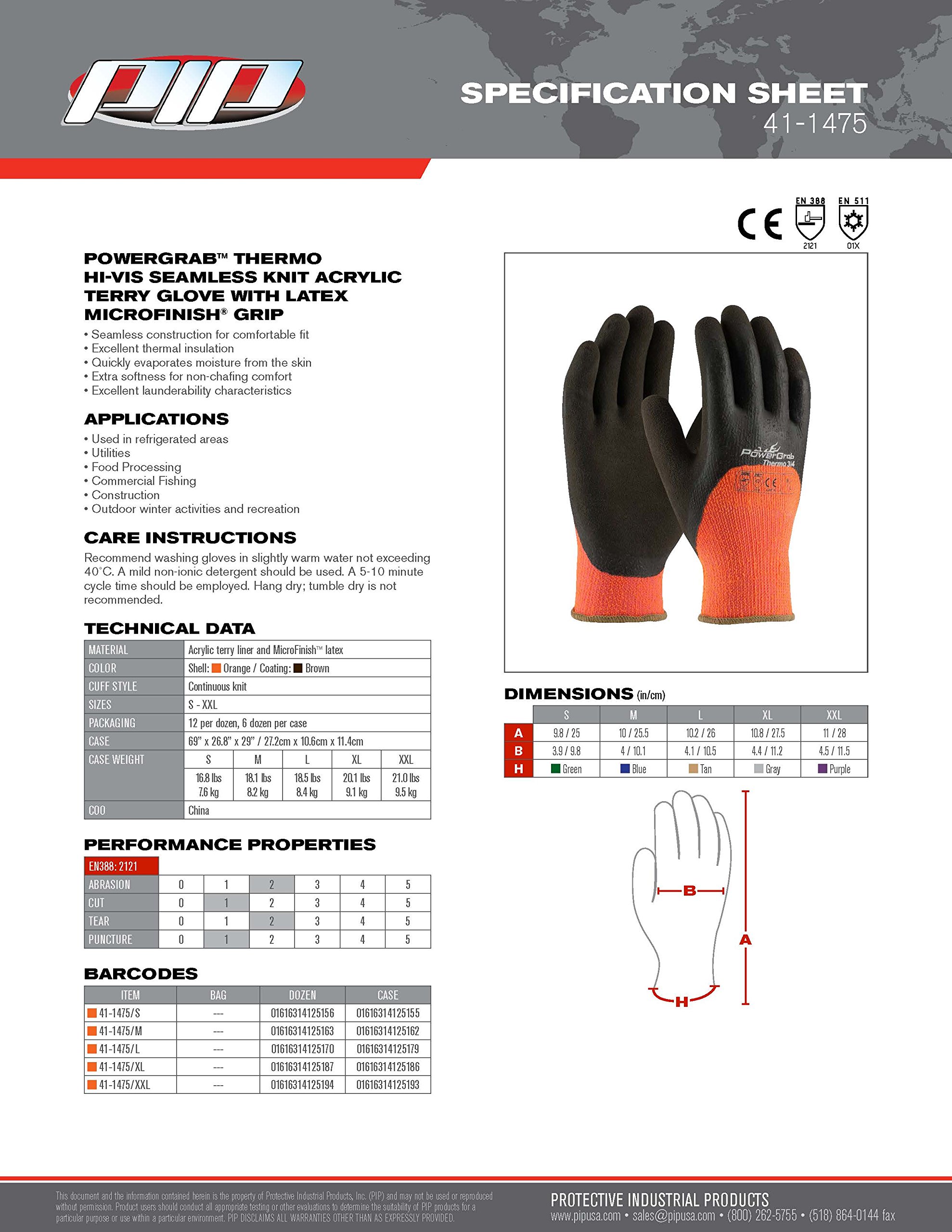 3 Pack Powergrab 41-1475 3/4 Dipped Thermal Hi-Vis Orange/Black Cold Condition Work Gloves, Sizes S-XXL (Medium)