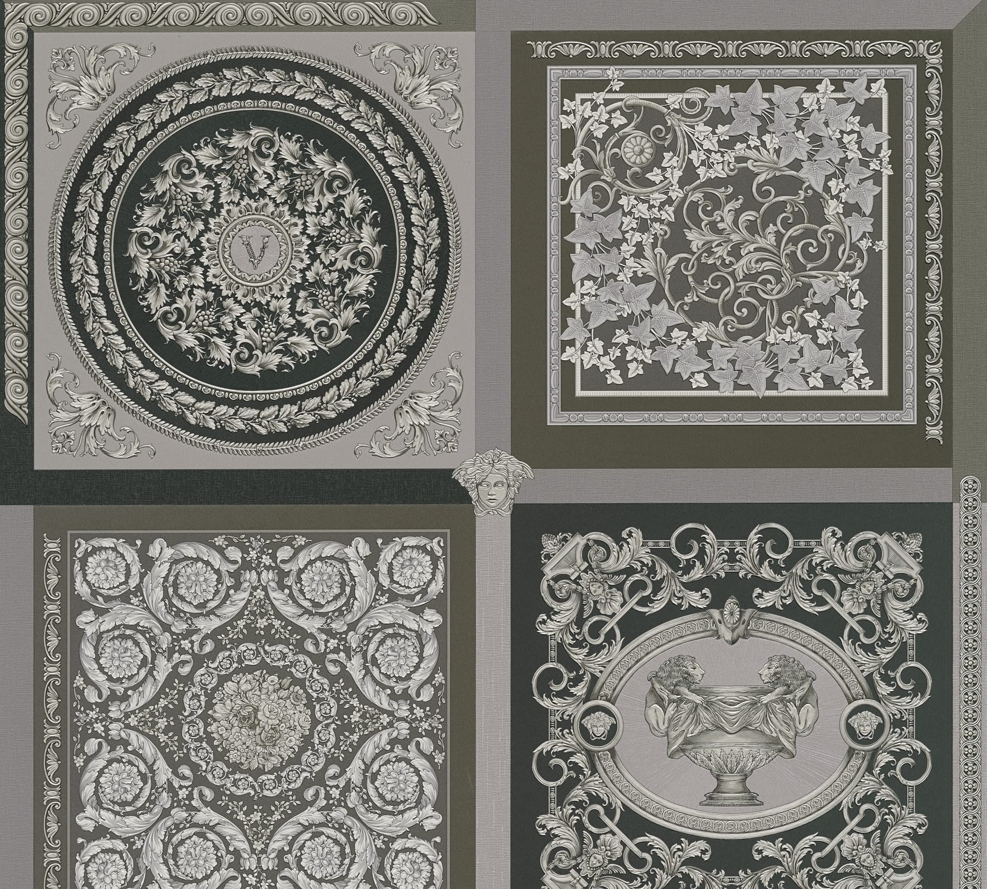 Versace tapeta barokowa luksusowa tapeta kwiatowy 387044 srebrna, czarna, szara, designerskie logo Medusa 10,05 x 0,70 m Made in Germany