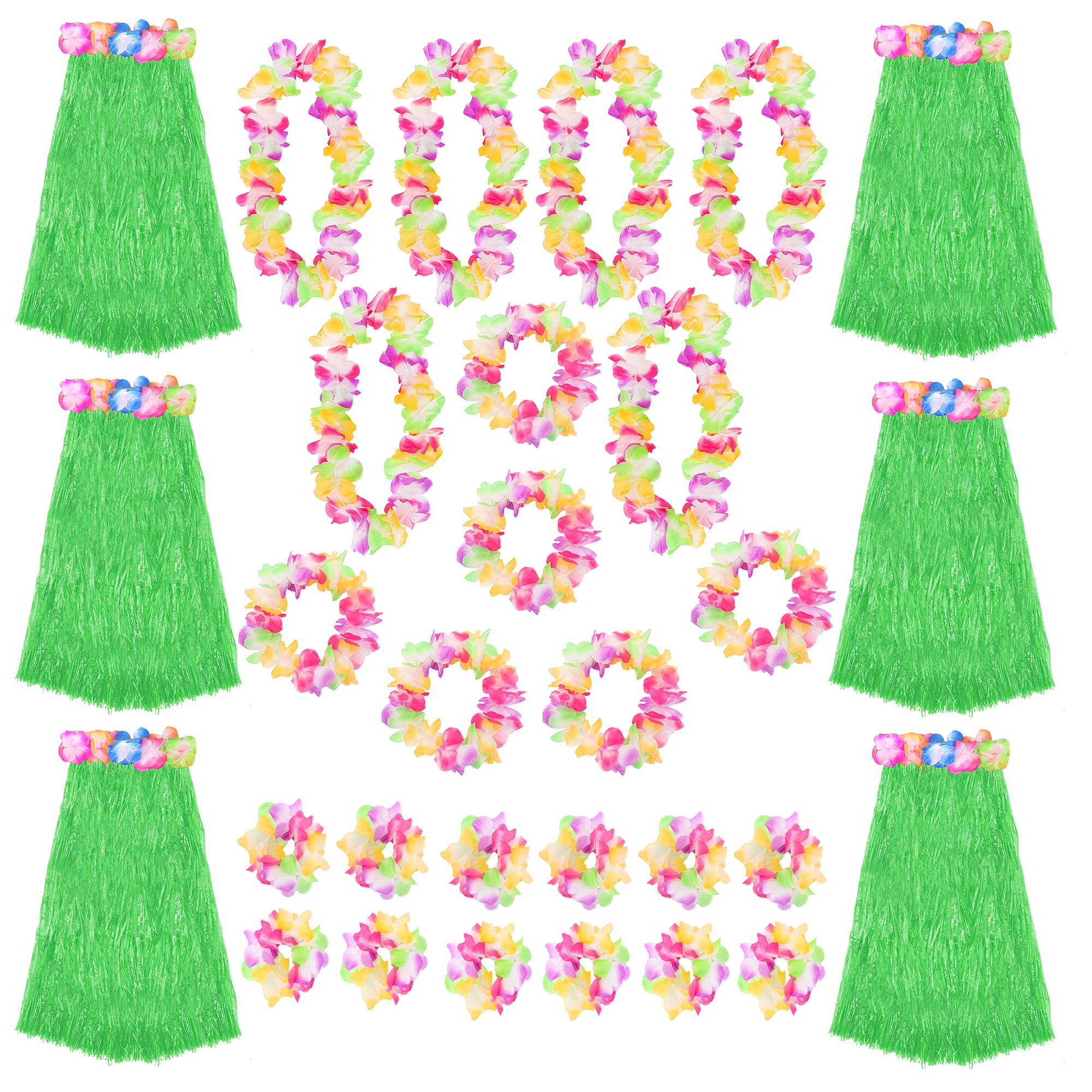 Green Hawaiian Hula Skirt and Multicoloured Lei Set X6 - Flower Necklace, Headband and Bracelet - 80cm Grass Hula - Luau - Fancy Dress Costume Accessory