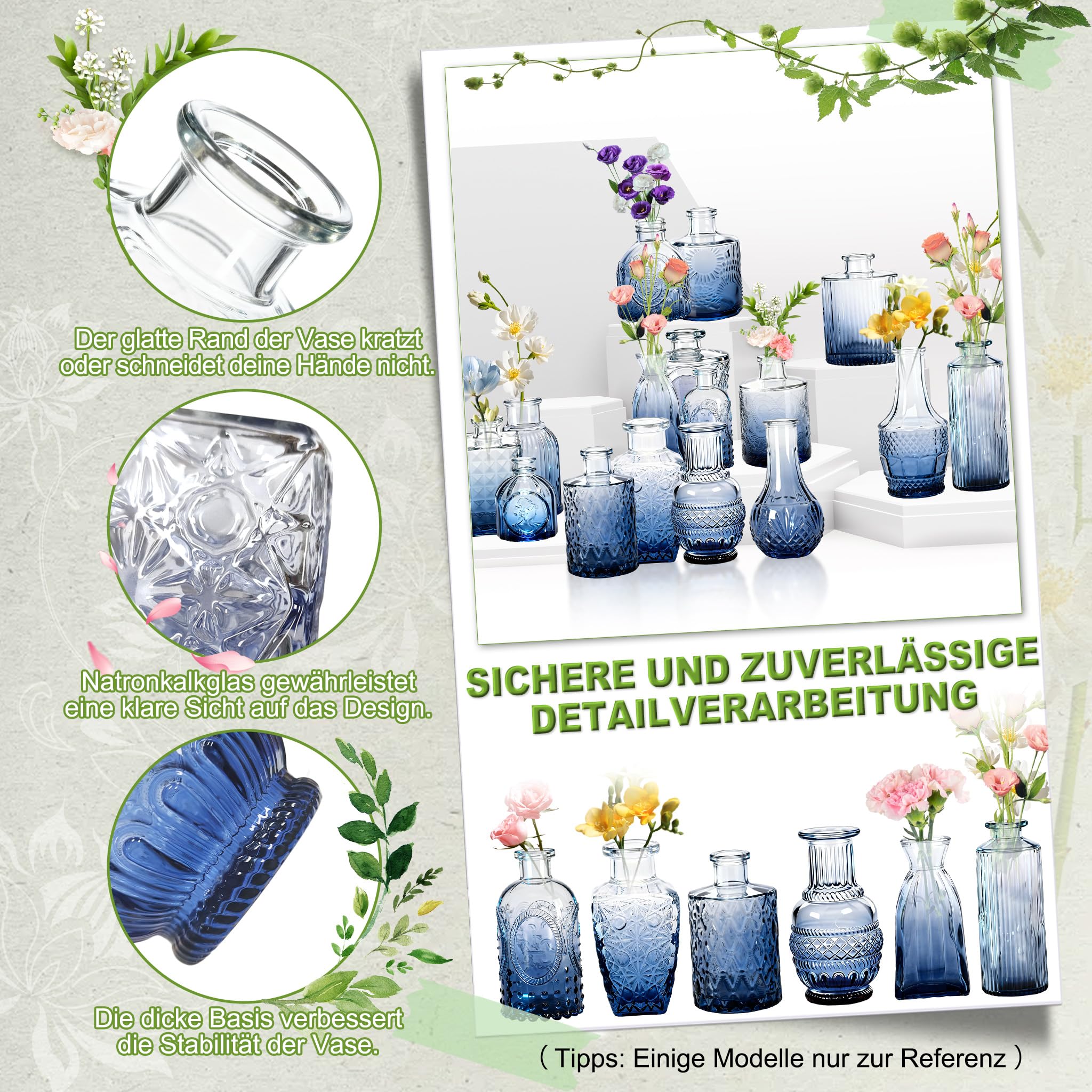 YRHome 32 Stück Kleine Vasen für Tischdeko, Glas-Budenvasen-Set Mini, kleine Glasvase, Vintage-Blumenvasen & Knospenvasen für Hochzeiten, Partys, Feierlichkeiten Verlauf Blau