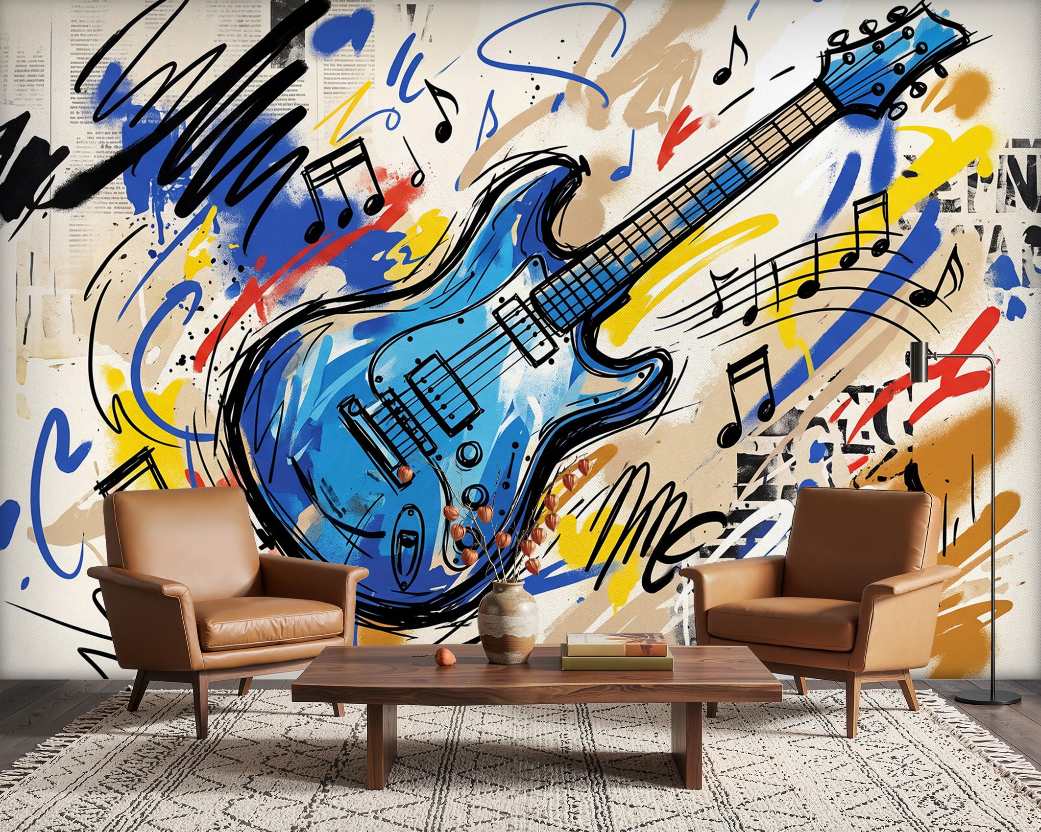 PaxGloz Graffiti Electric Guitar Wall Mural, Colourful Abstract Music Wallpaper for Living Room & Bedroom Music Room, Non-Woven Decorative Wall Art 500x350 cm
