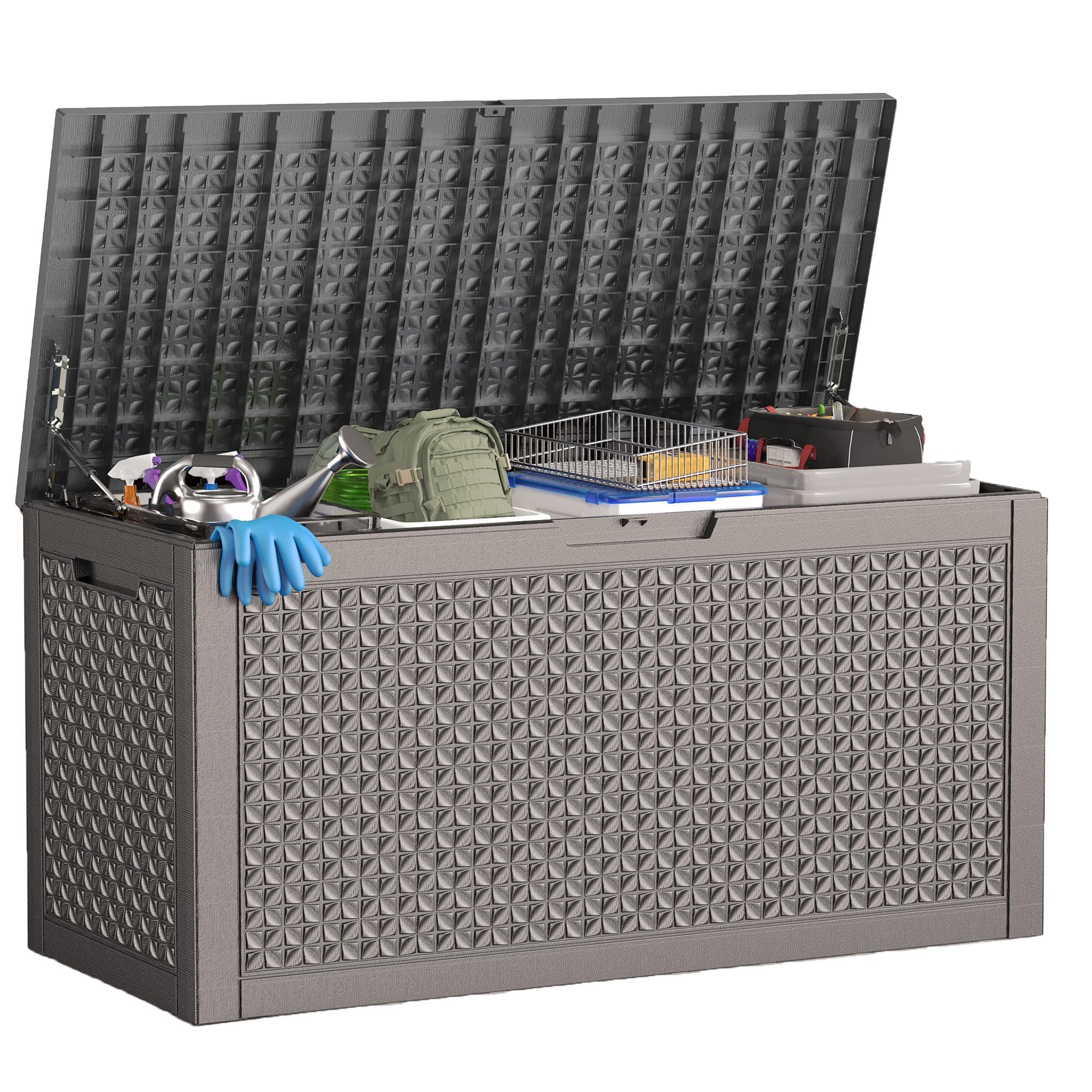 ROJIK Outdoor Storage Housing Deck Box - Waterproof Patio Furniture, Garden Tools, Cushions, Pool Accessories Storage Bench with Lockable Lid and Side Handles (Grey,125 Gal)