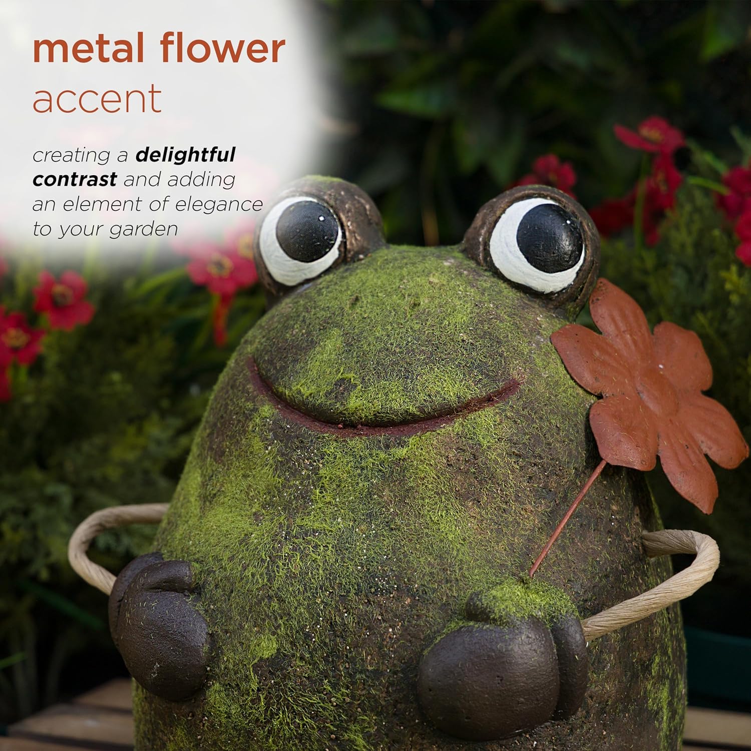 Alpine Corporation MCC834 Indoor/Outdoor Frog with Flower Garden Statue, Playful Frog Statue for Yard, 20" H, Green - Image 5