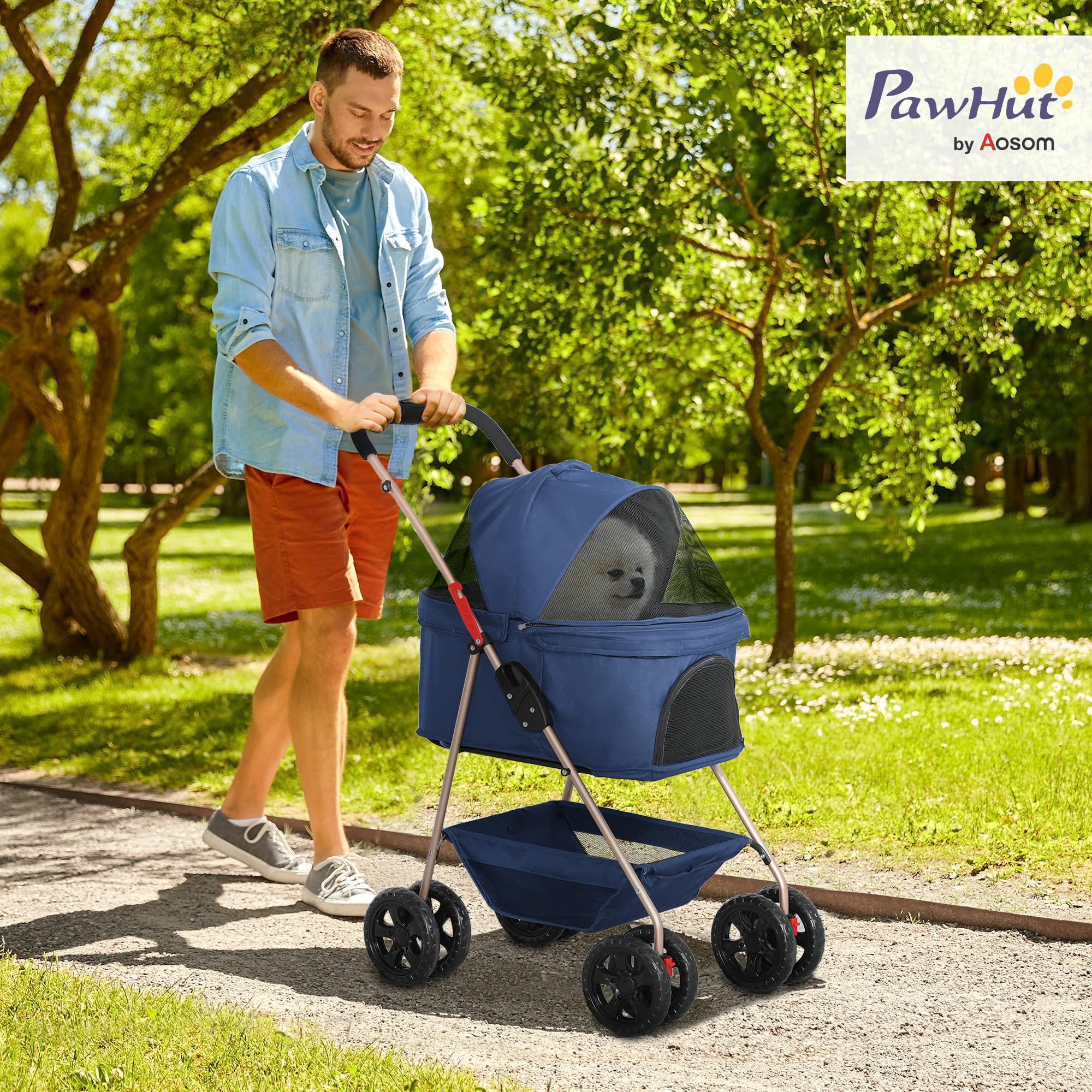 PawHut Carrito para Perros Plegable 3 en 1 Cochecito para Mascotas Carrito para Perros Miniatura con Cesta de Almacenaje Ventana de Malla Portavasos y 2 Ruedas Universales 76x50x102 cm Azul Oscuro